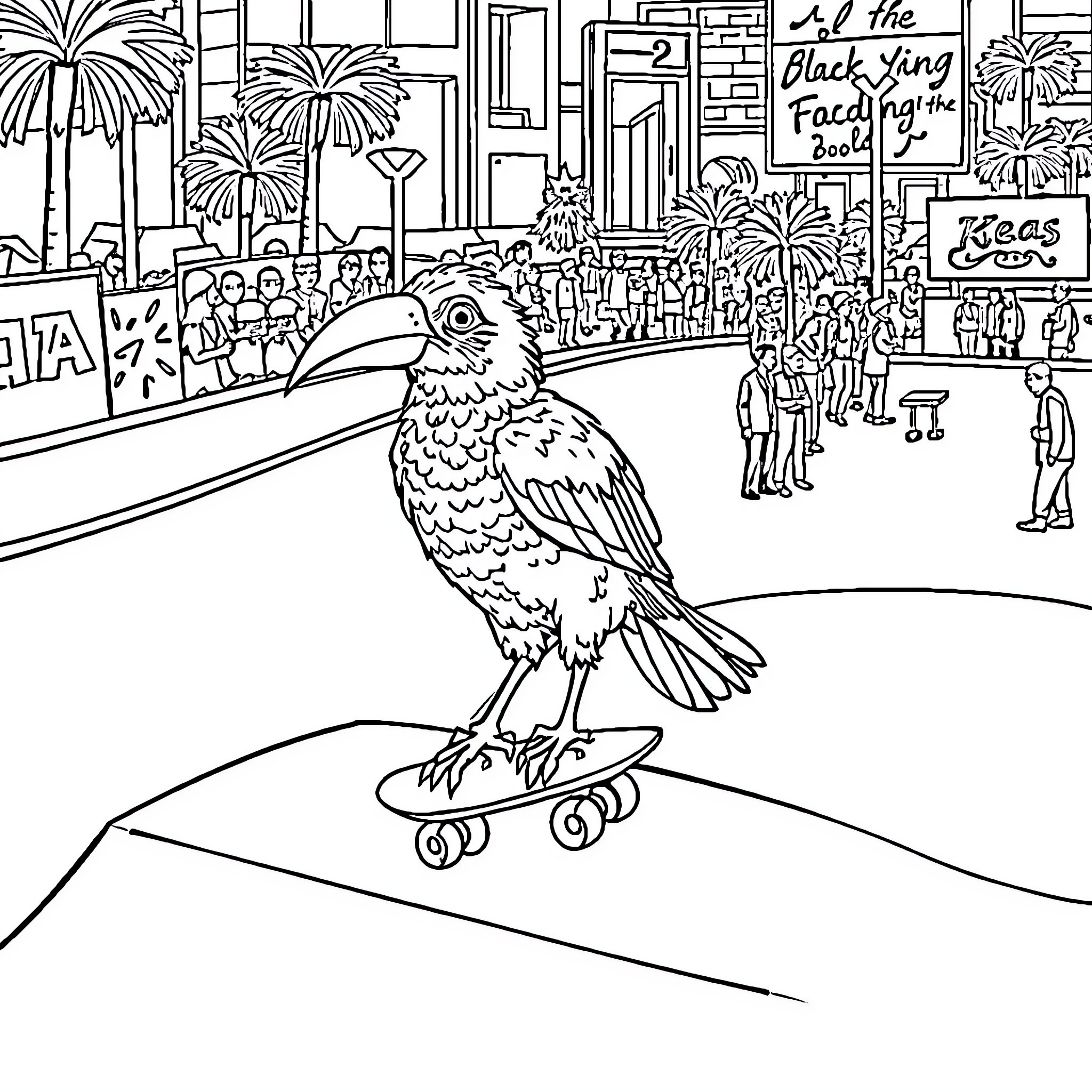 Kea bird riding skateboard in lively city street Coloring Page (free black-and-white line drawing printable PDF for all, from beginners to advanced learners, including children, teens, adults, and seniors)