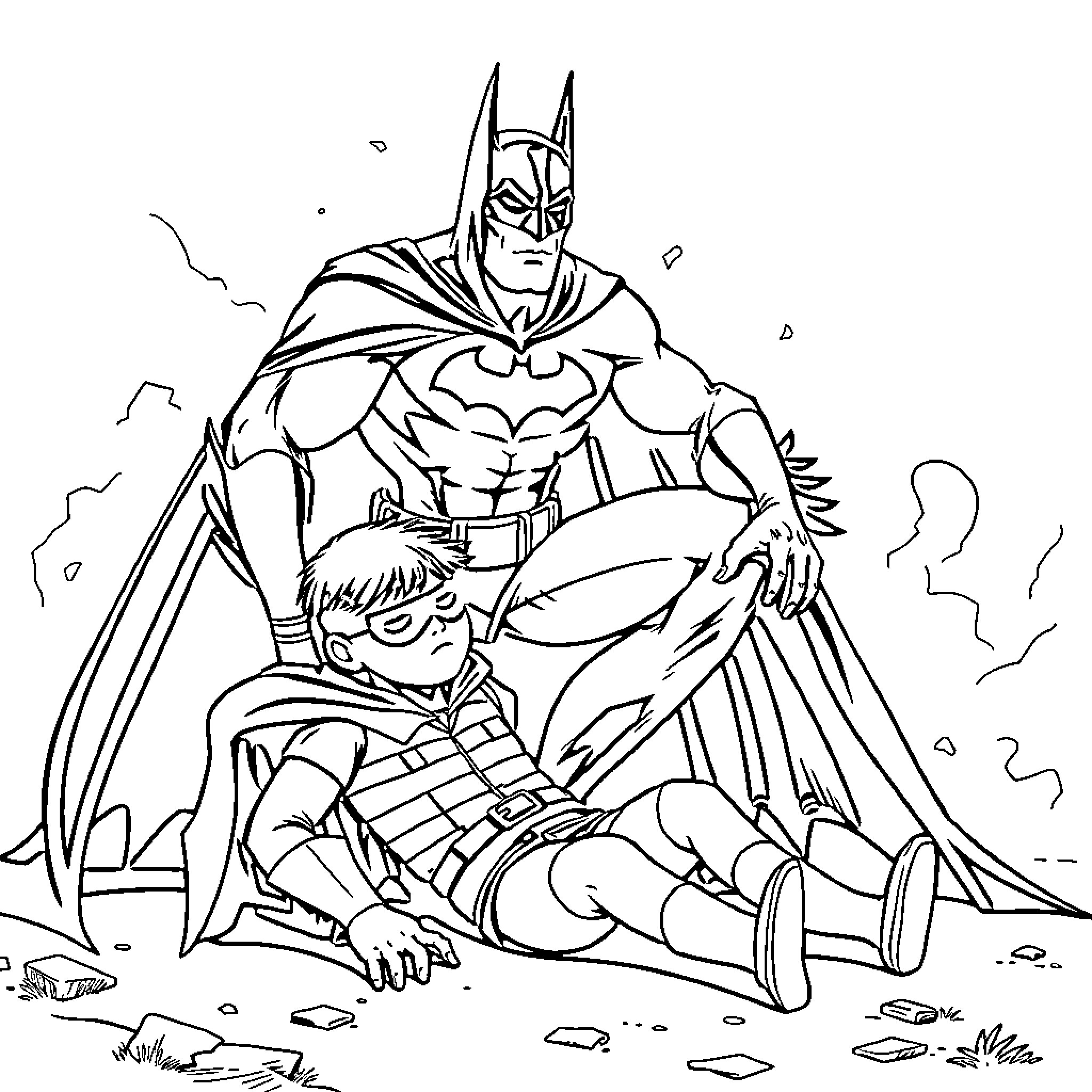 Batman Rescuing Injured Companion from Peril Coloring Page (free black-and-white line drawing printable PDF for all, from beginners to advanced learners, including children, teens, adults, and seniors)