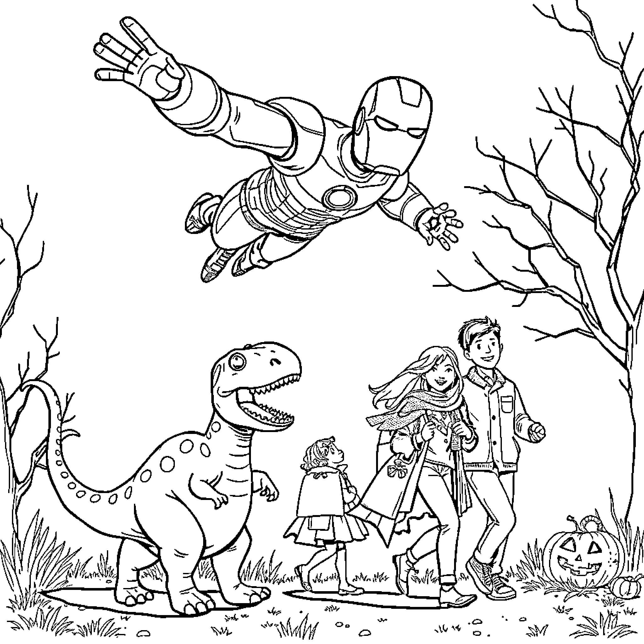Ironman in action surrounded by dinosaurs and people Coloring Page (free black-and-white line drawing printable PDF for all, from beginners to advanced learners, including children, teens, adults, and seniors)