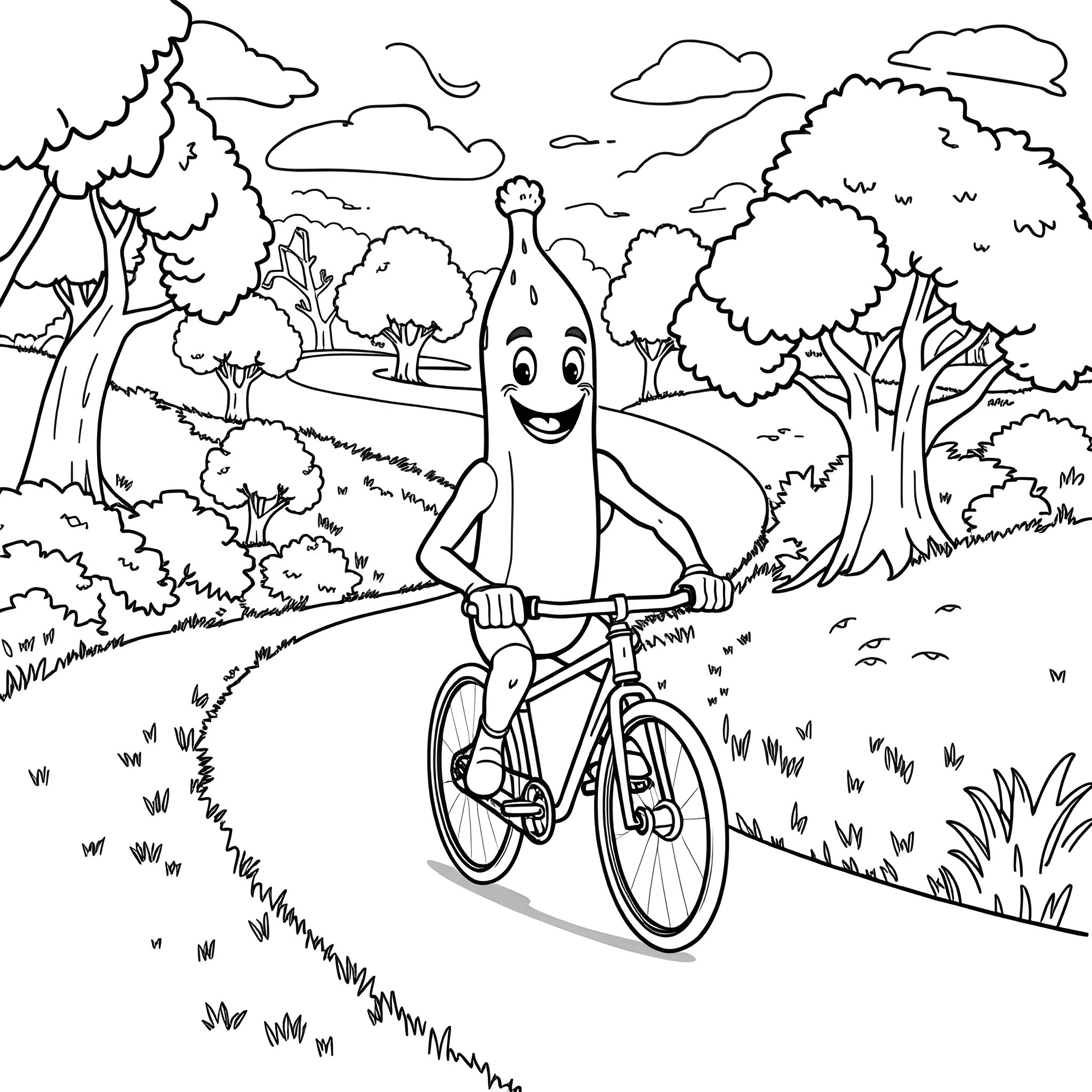 Peely's Joyful Bicycle Ride in the Enchanting Forest Coloring Page (free black-and-white line drawing printable PDF for all, from beginners to advanced learners, including children, teens, adults, and seniors)