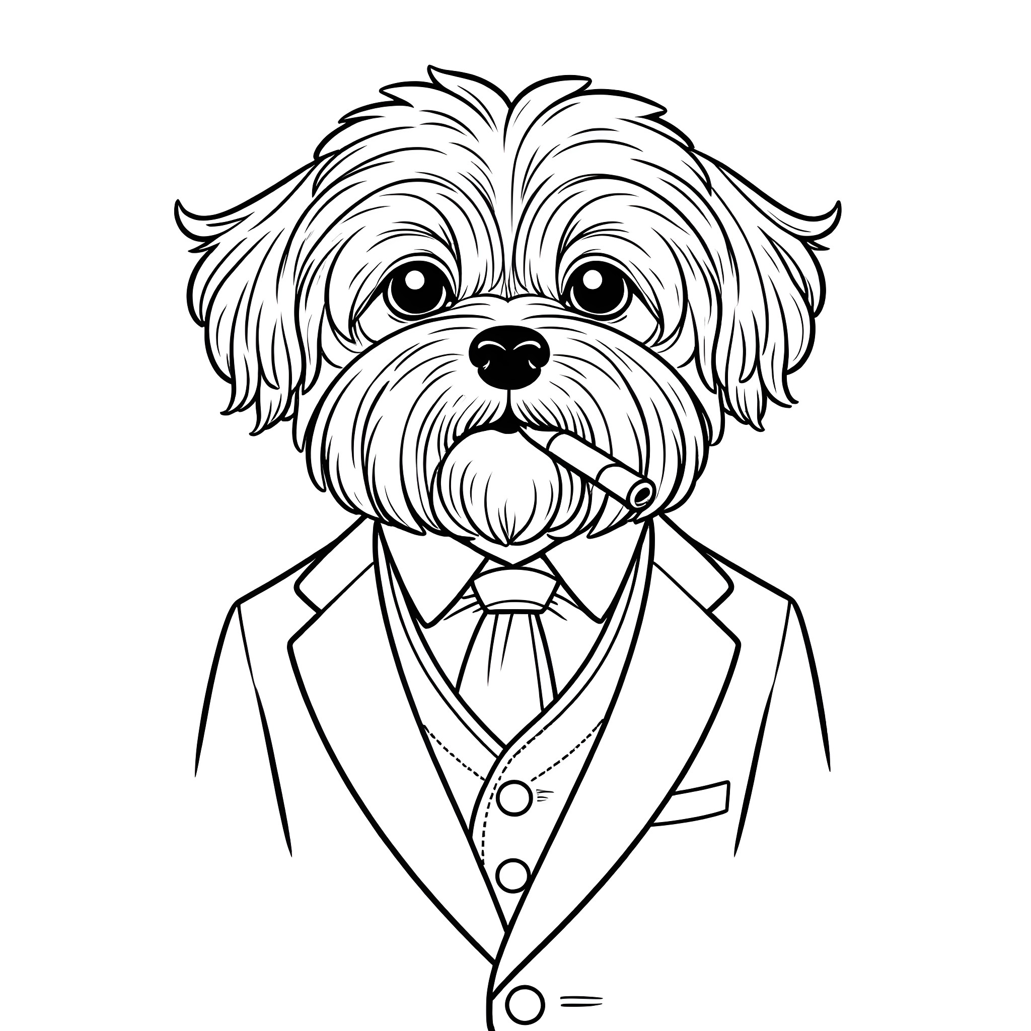 Dog dressed in formal attire with cigar Coloring Page (free black-and-white line drawing printable PDF for all, from beginners to advanced learners, including children, teens, adults, and seniors)