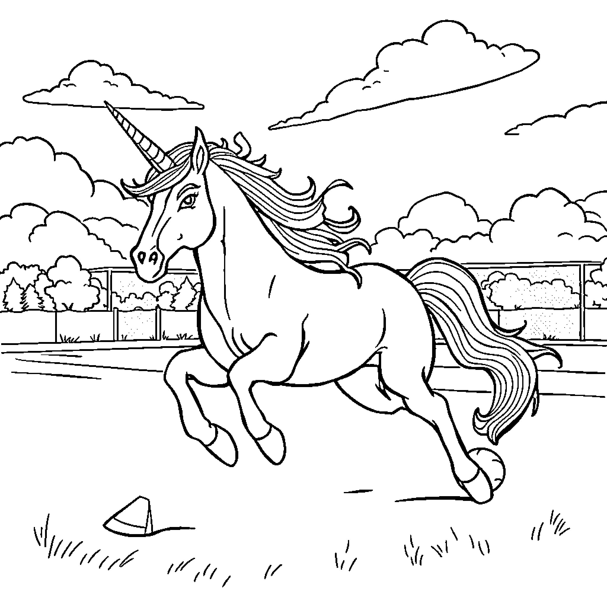 Licorne prancing through enchanting landscapes Coloring Page (free black-and-white line drawing printable PDF for all, from beginners to advanced learners, including children, teens, adults, and seniors)