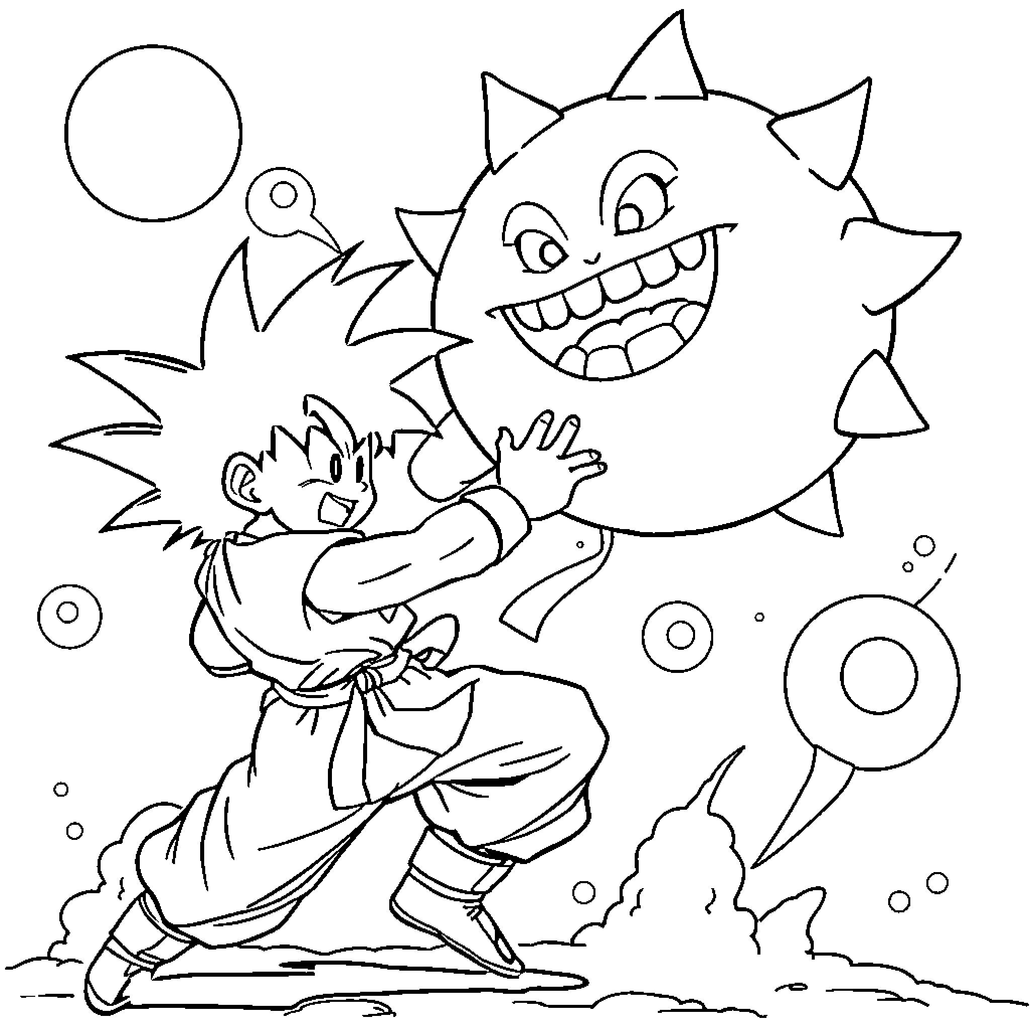 Son Goku battles a monstrous foe Coloring Page (free black-and-white line drawing printable PDF for all, from beginners to advanced learners, including children, teens, adults, and seniors)