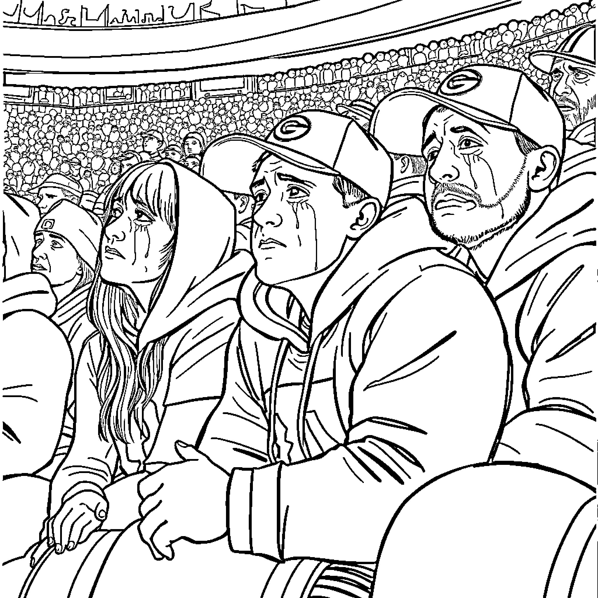 Fan Excitement at the Stadium Coloring Page (free black-and-white line drawing printable PDF for all, from beginners to advanced learners, including children, teens, adults, and seniors)