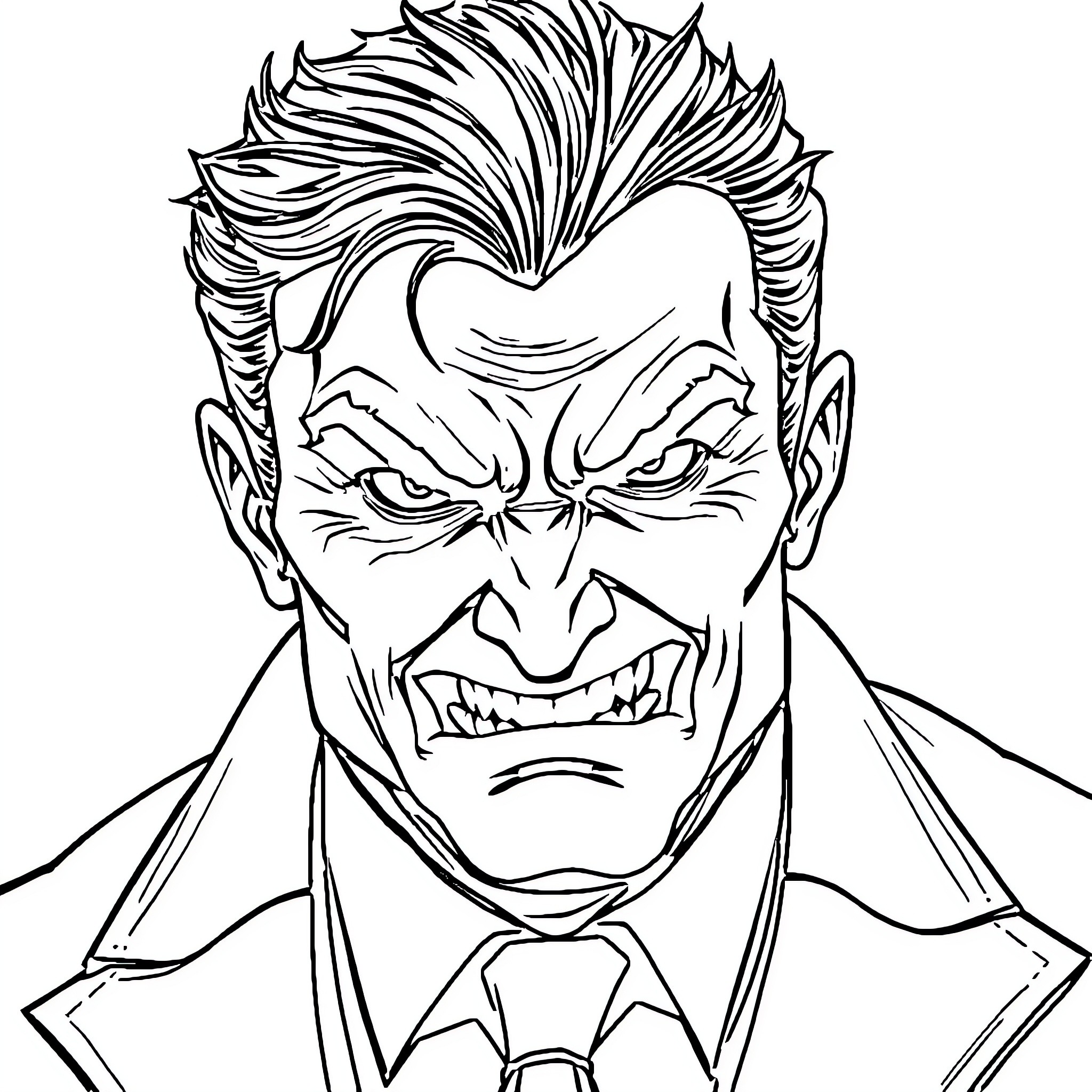 Man with intense facial expression and stylized hair Coloring Page (free black-and-white line drawing printable PDF for all, from beginners to advanced learners, including children, teens, adults, and seniors)