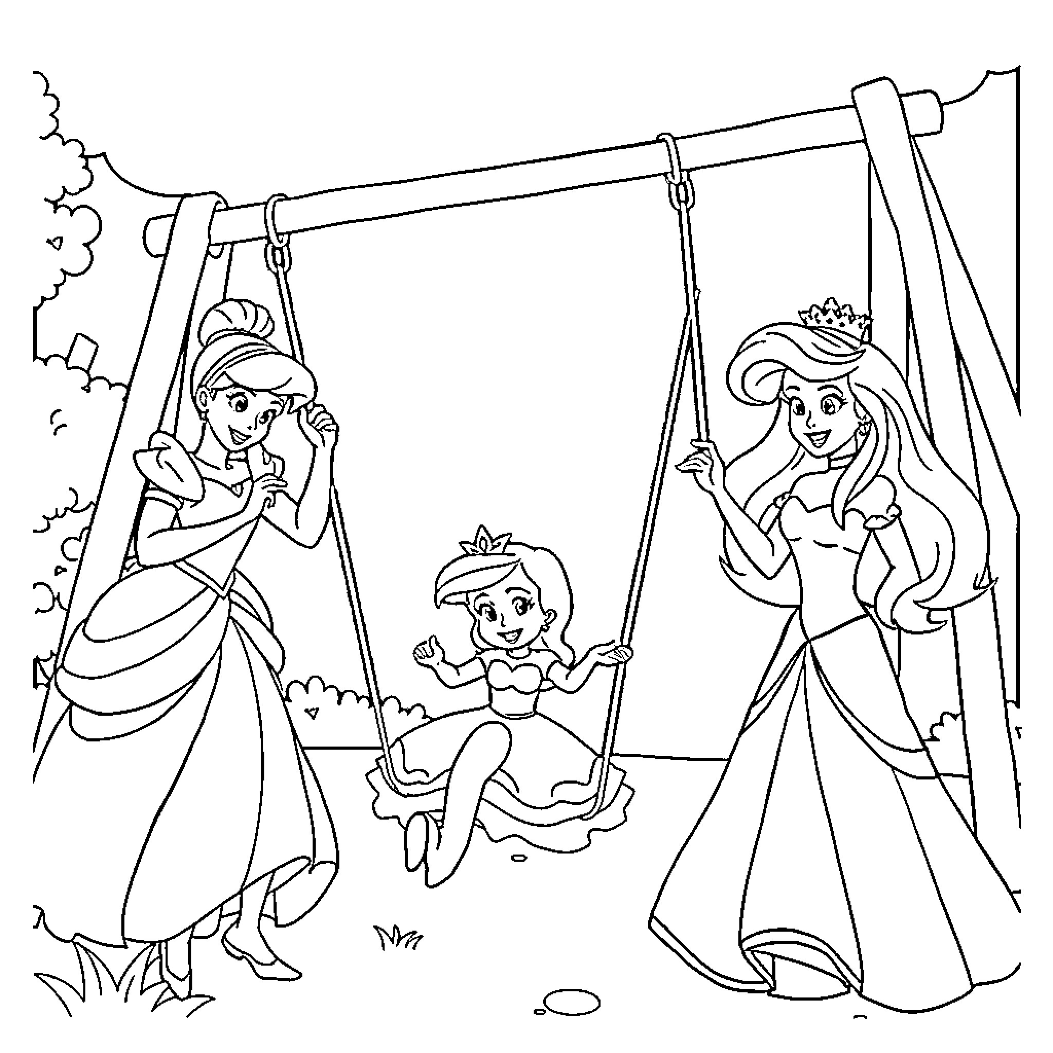 Disney Princess Enjoying Fun Time on Swing Coloring Page (free black-and-white line drawing printable PDF for all, from beginners to advanced learners, including children, teens, adults, and seniors)
