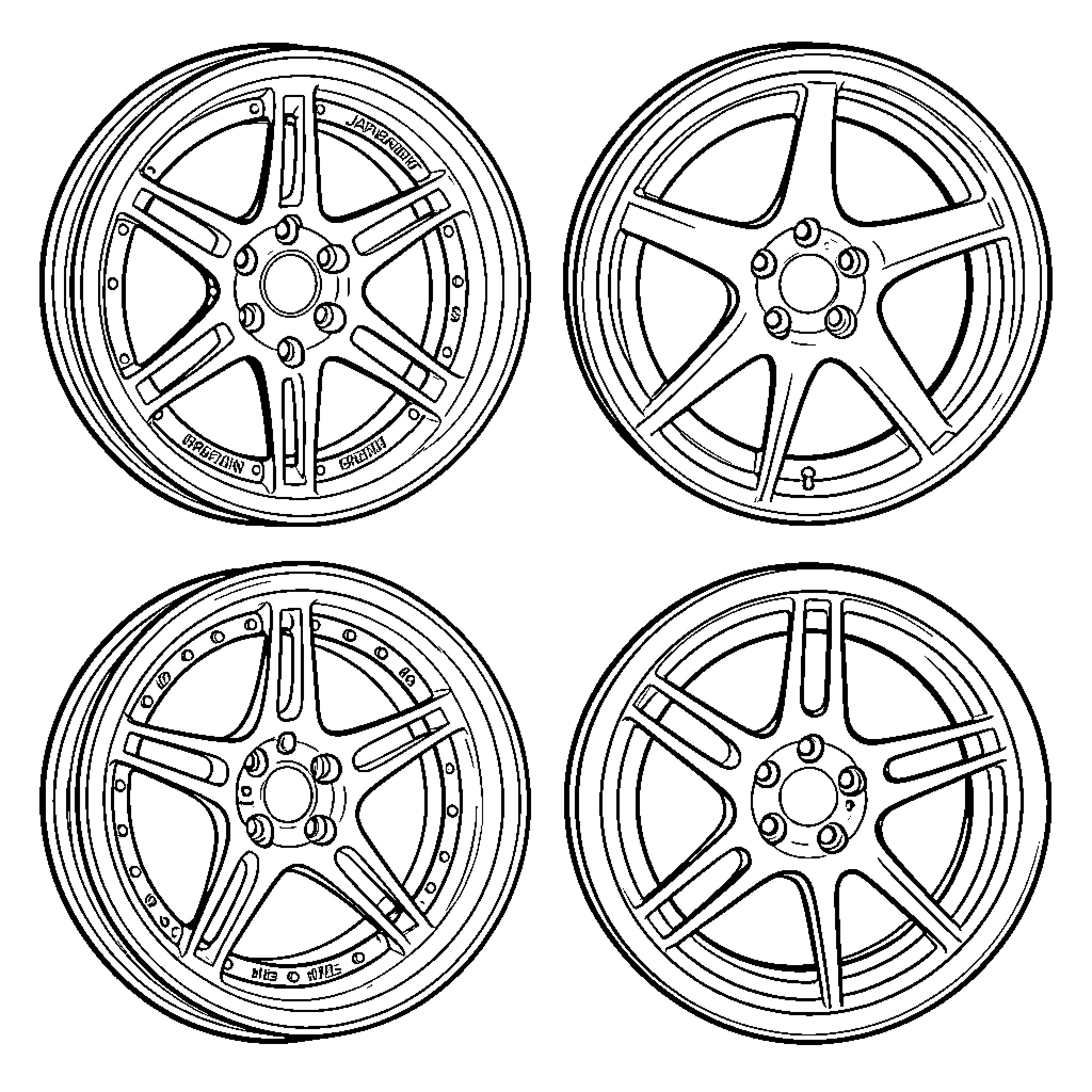 Jante set featuring various automotive wheel rim designs Coloring Page (free black-and-white line drawing printable PDF for all, from beginners to advanced learners, including children, teens, adults, and seniors)