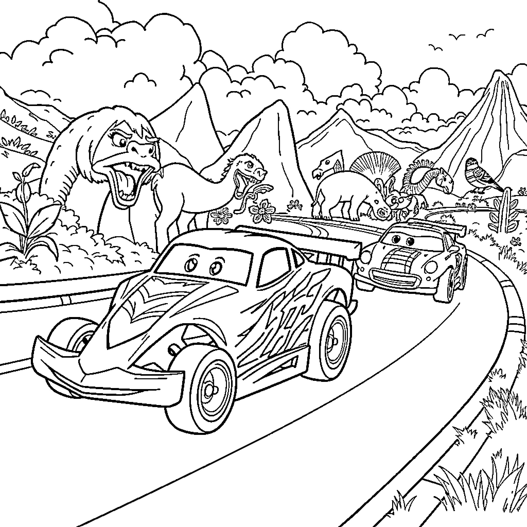 Hot Wheels racing through prehistoric landscape Coloring Page (free black-and-white line drawing printable PDF for all, from beginners to advanced learners, including children, teens, adults, and seniors)