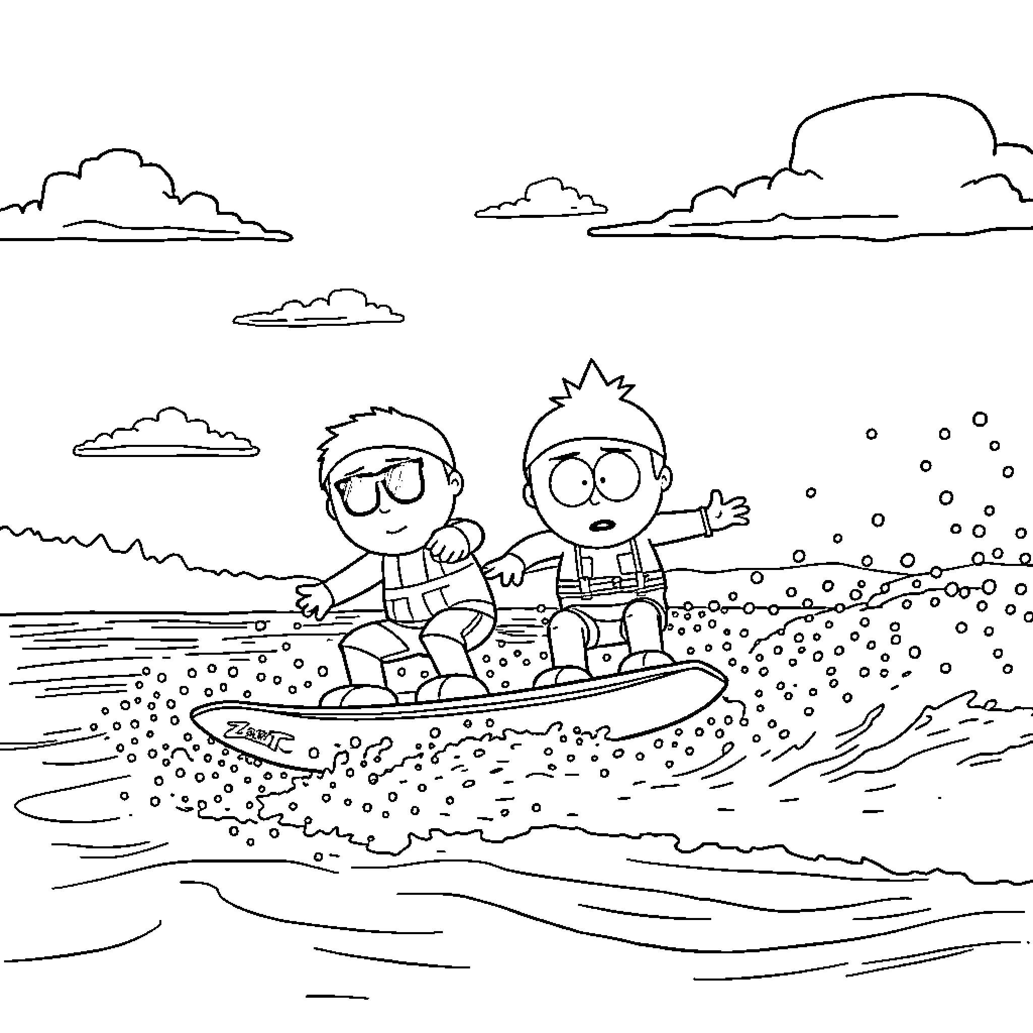 Kenny and Friend Surfing in the Waves Coloring Page (free black-and-white line drawing printable PDF for all, from beginners to advanced learners, including children, teens, adults, and seniors)