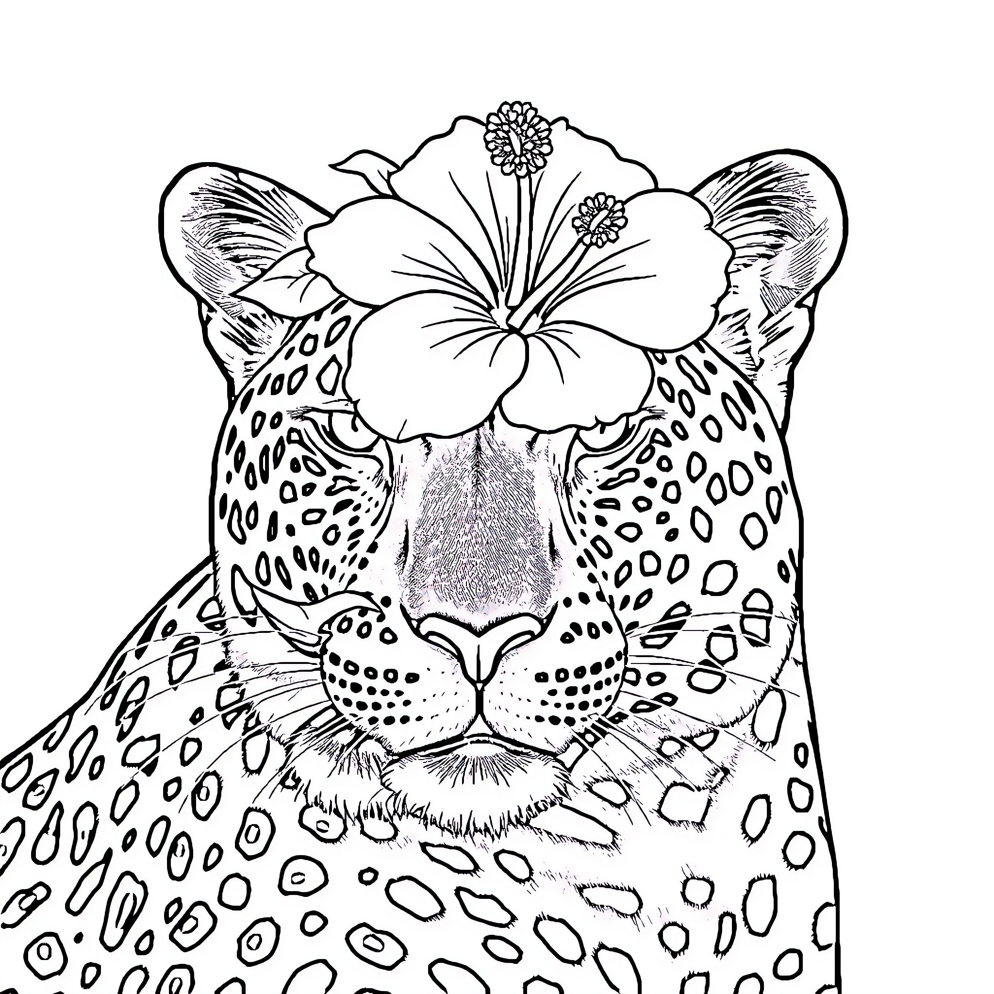 Hibiscus flower adorning leopard's face Coloring Page (free black-and-white line drawing printable PDF for all, from beginners to advanced learners, including children, teens, adults, and seniors)