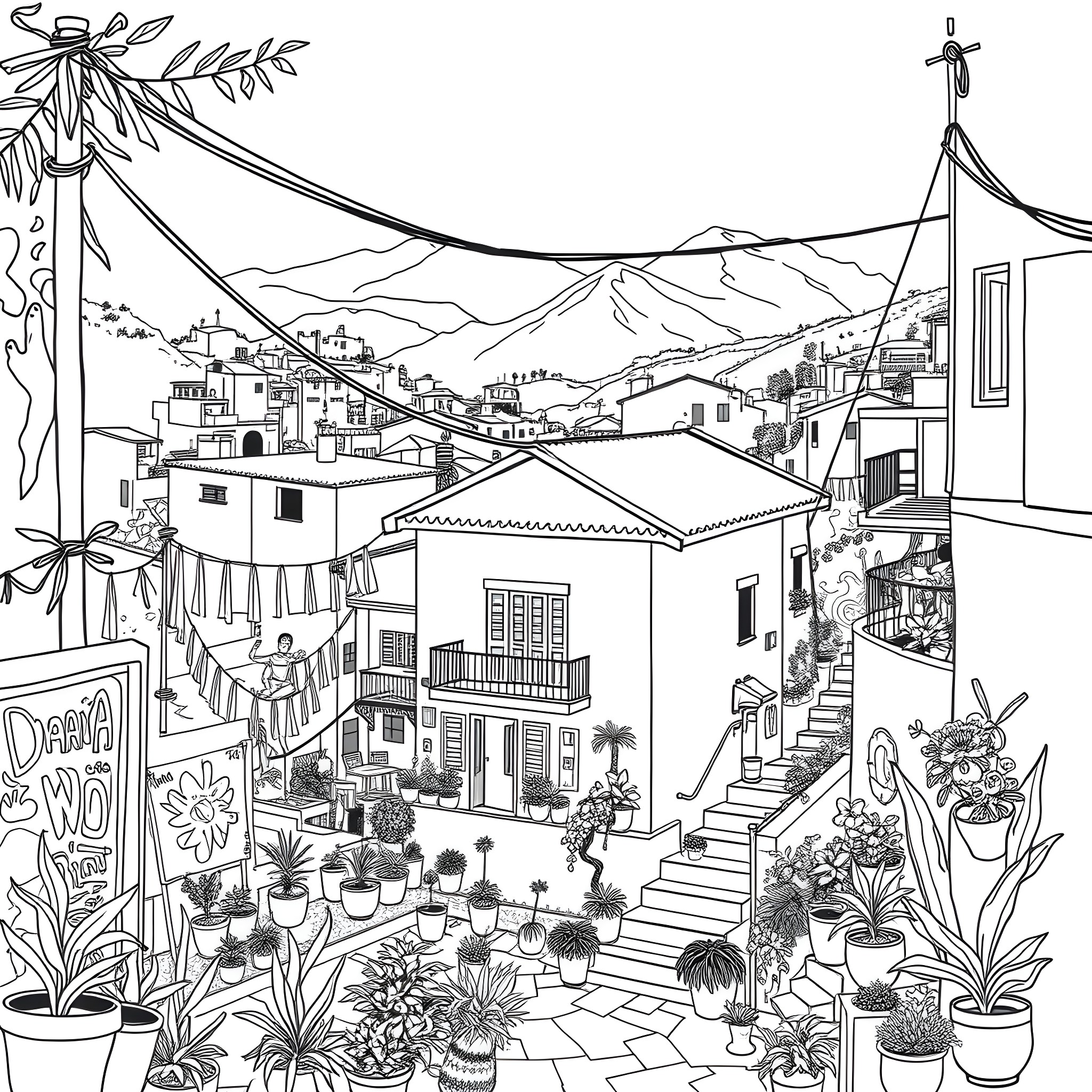 Favela with Vibrant Scenes of Daily Life Coloring Page (free black-and-white line drawing printable PDF for all, from beginners to advanced learners, including children, teens, adults, and seniors)