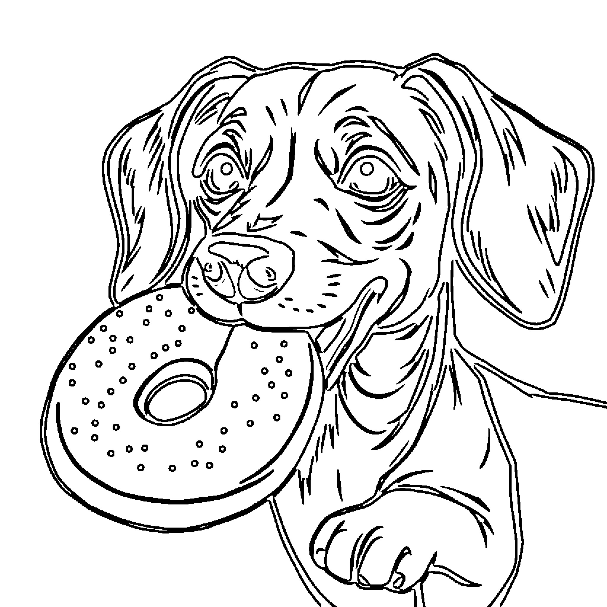 Dachshund puppy playing with polka dot ring toy Coloring Page (free black-and-white line drawing printable PDF for all, from beginners to advanced learners, including children, teens, adults, and seniors)