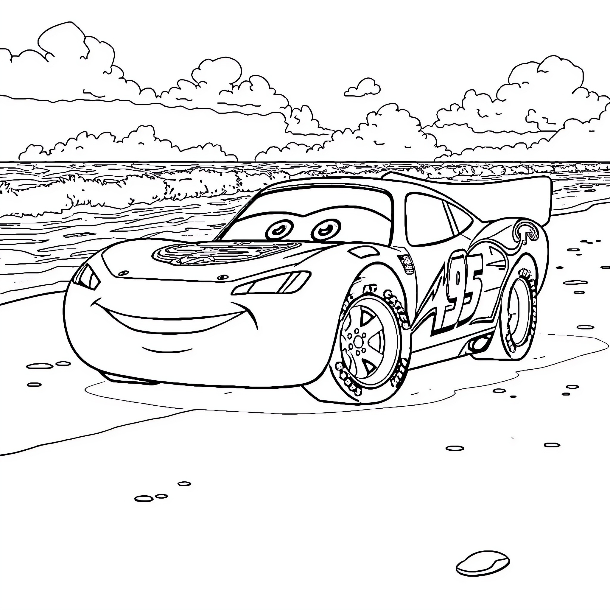 Lightning McQueen racing on the beach Coloring Page (free black-and-white line drawing printable PDF for all, from beginners to advanced learners, including children, teens, adults, and seniors)