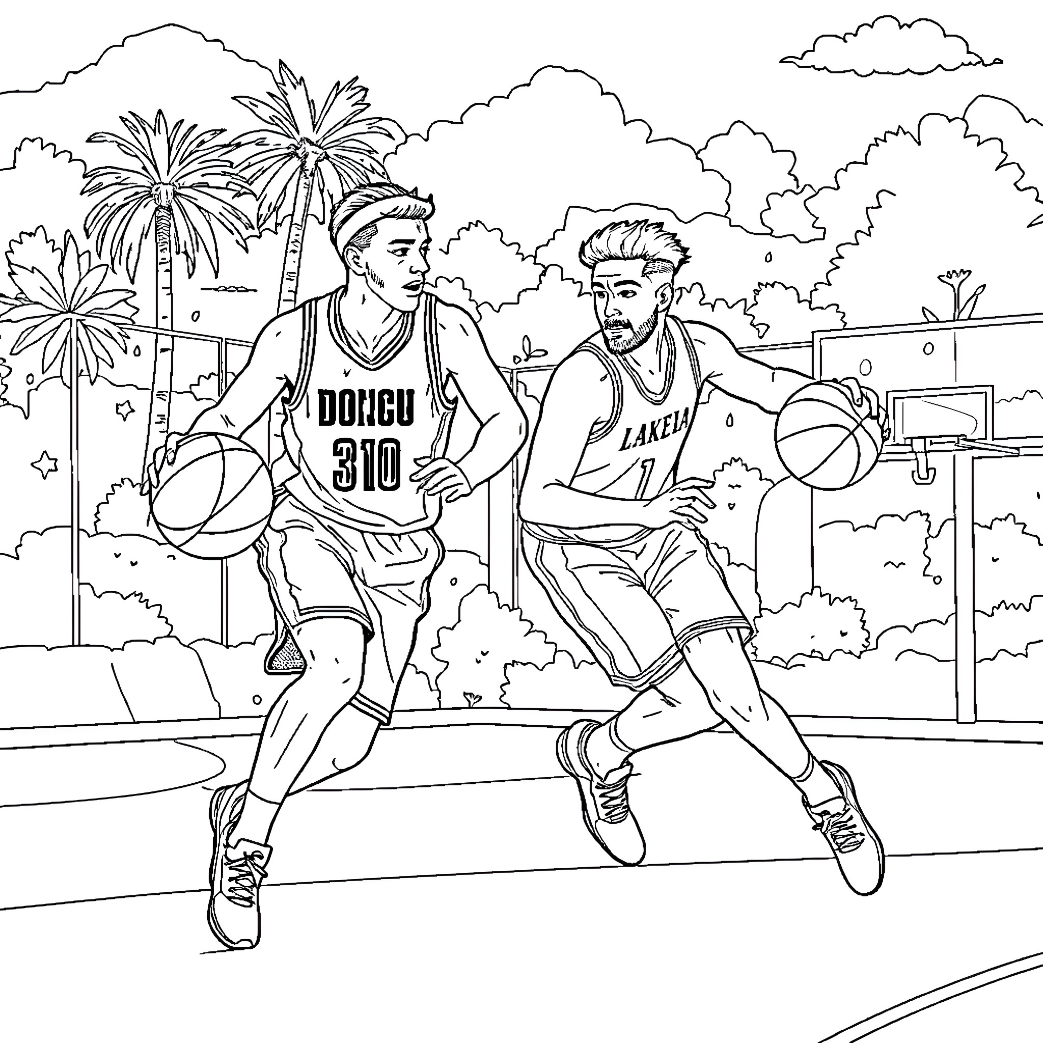 Luka Doncic and NBA Player Competing in Basketball Game Coloring Page (free black-and-white line drawing printable PDF for all, from beginners to advanced learners, including children, teens, adults, and seniors)