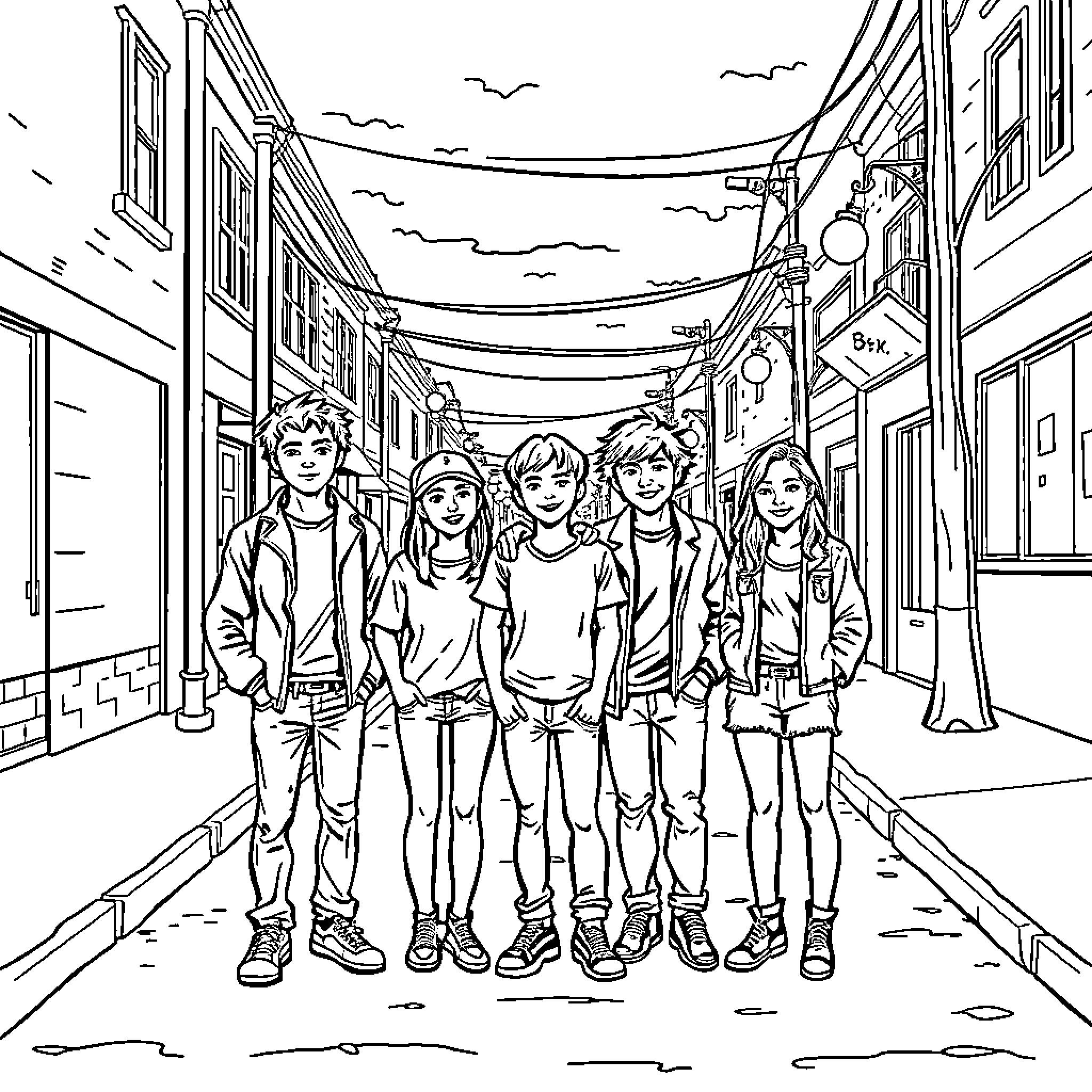 Outsider Teens Navigating Urban Landscape Coloring Page (free black-and-white line drawing printable PDF for all, from beginners to advanced learners, including children, teens, adults, and seniors)