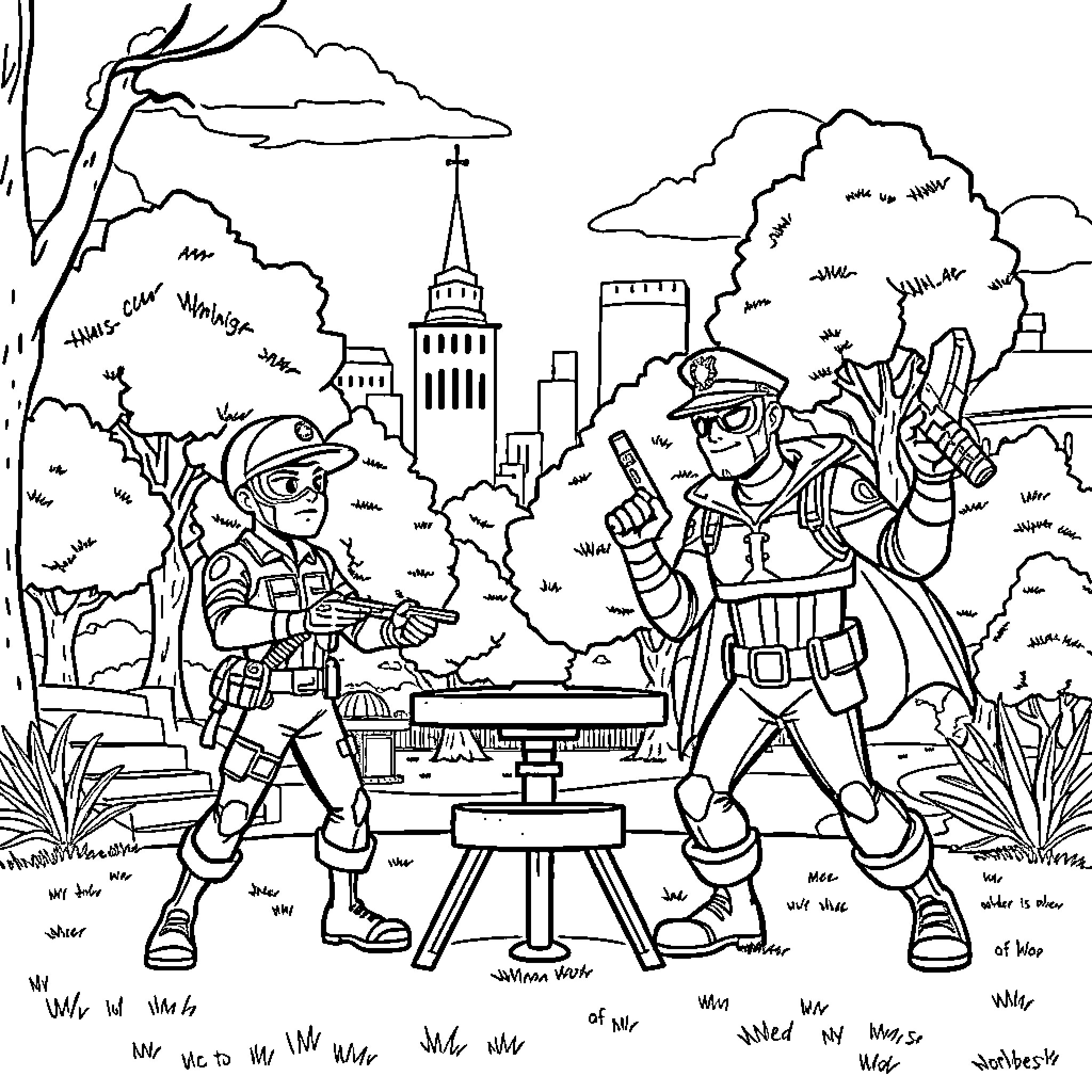 Avenger Soldiers Strategizing in the Ruined City Coloring Page (free black-and-white line drawing printable PDF for all, from beginners to advanced learners, including children, teens, adults, and seniors)