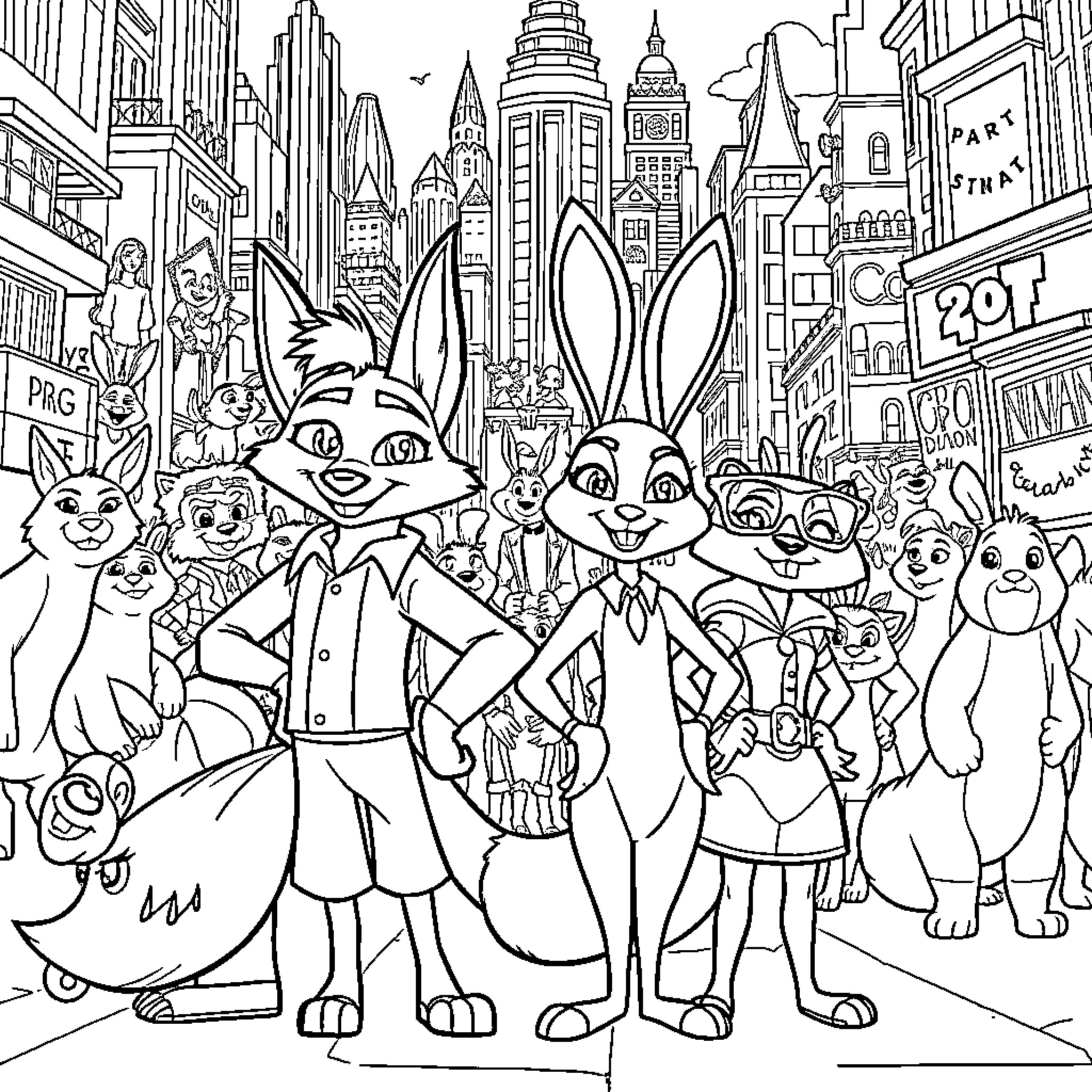Hero characters explore the bustling city Coloring Page (free black-and-white line drawing printable PDF for all, from beginners to advanced learners, including children, teens, adults, and seniors)