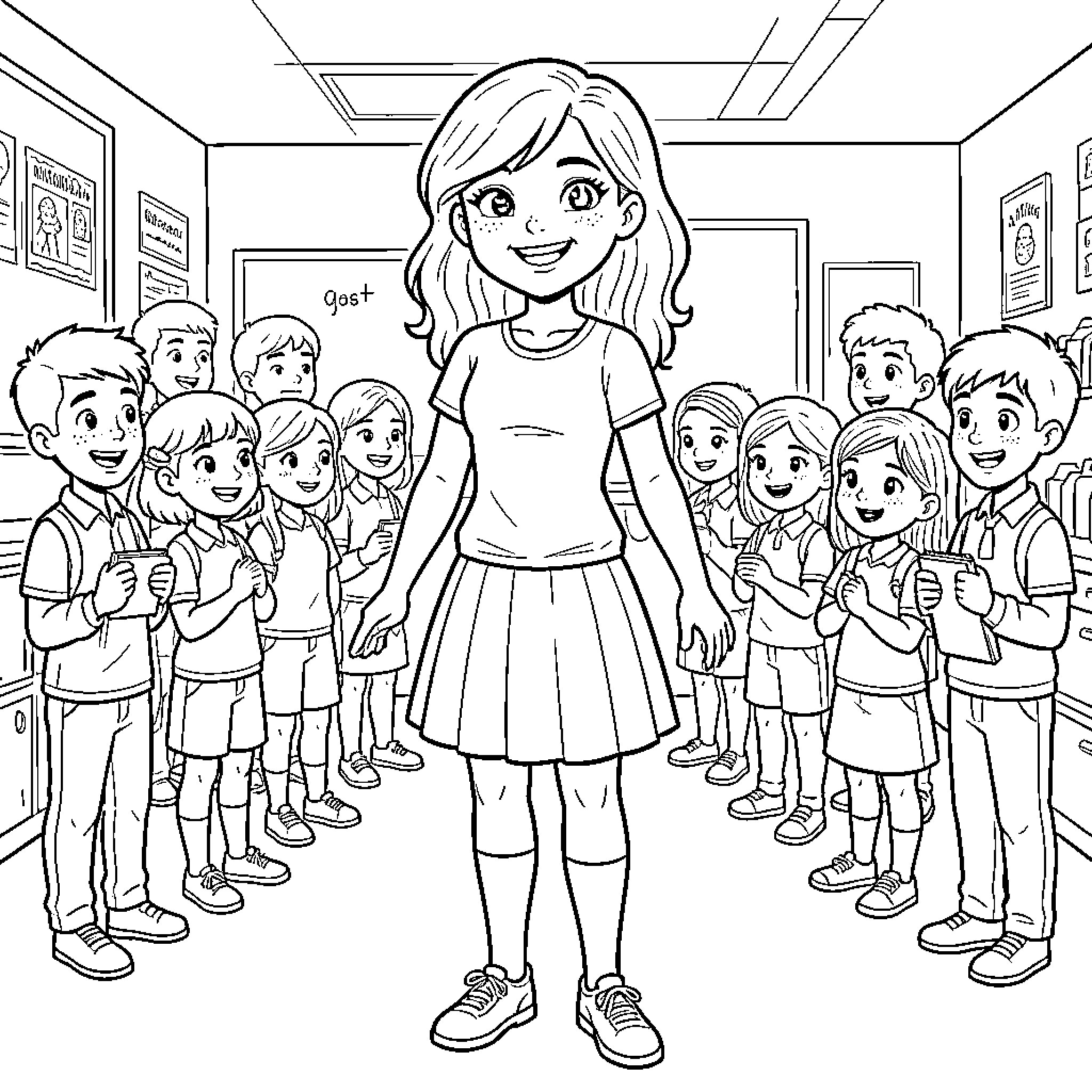 Ms Donhi smiling while standing with her students Coloring Page (free black-and-white line drawing printable PDF for all, from beginners to advanced learners, including children, teens, adults, and seniors)