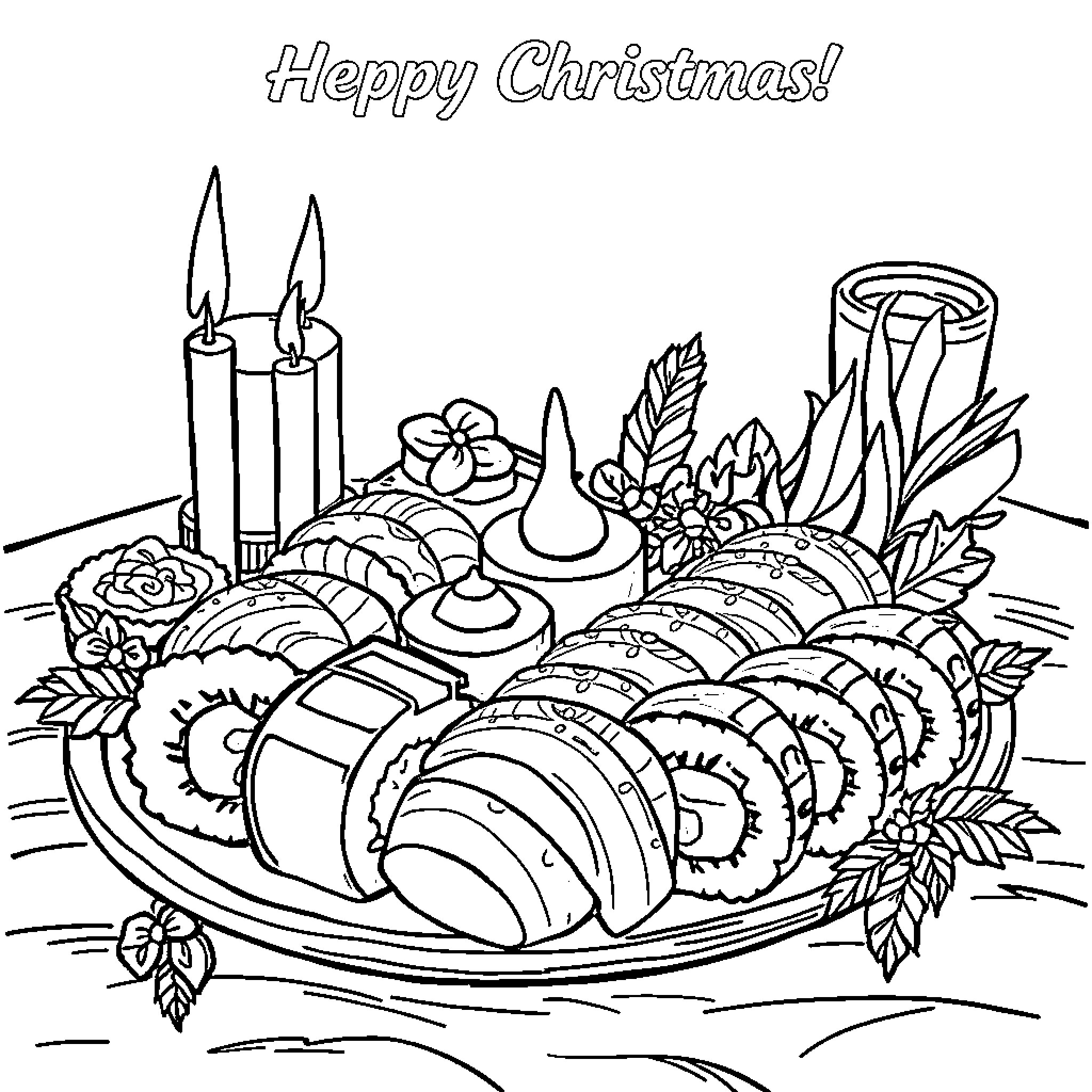 Sushi Christmas feast with candles and festive decor Coloring Page (free black-and-white line drawing printable PDF for all, from beginners to advanced learners, including children, teens, adults, and seniors)