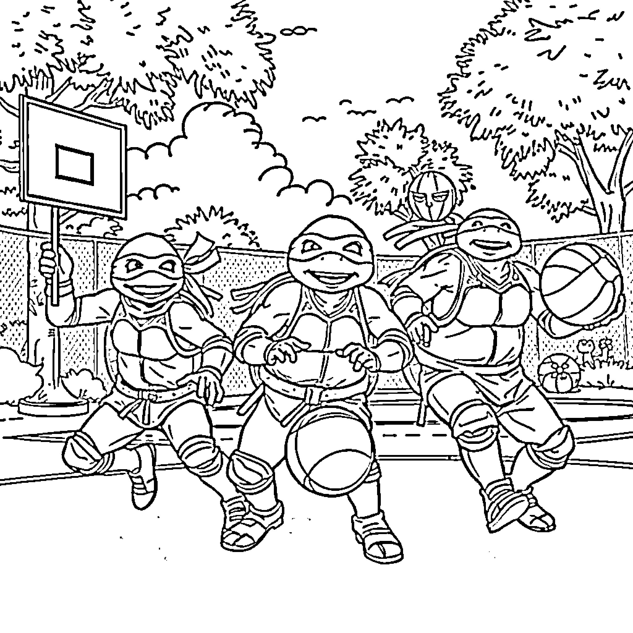 Ninja Turtle Characters Playing Basketball Coloring Page (free black-and-white line drawing printable PDF for all, from beginners to advanced learners, including children, teens, adults, and seniors)