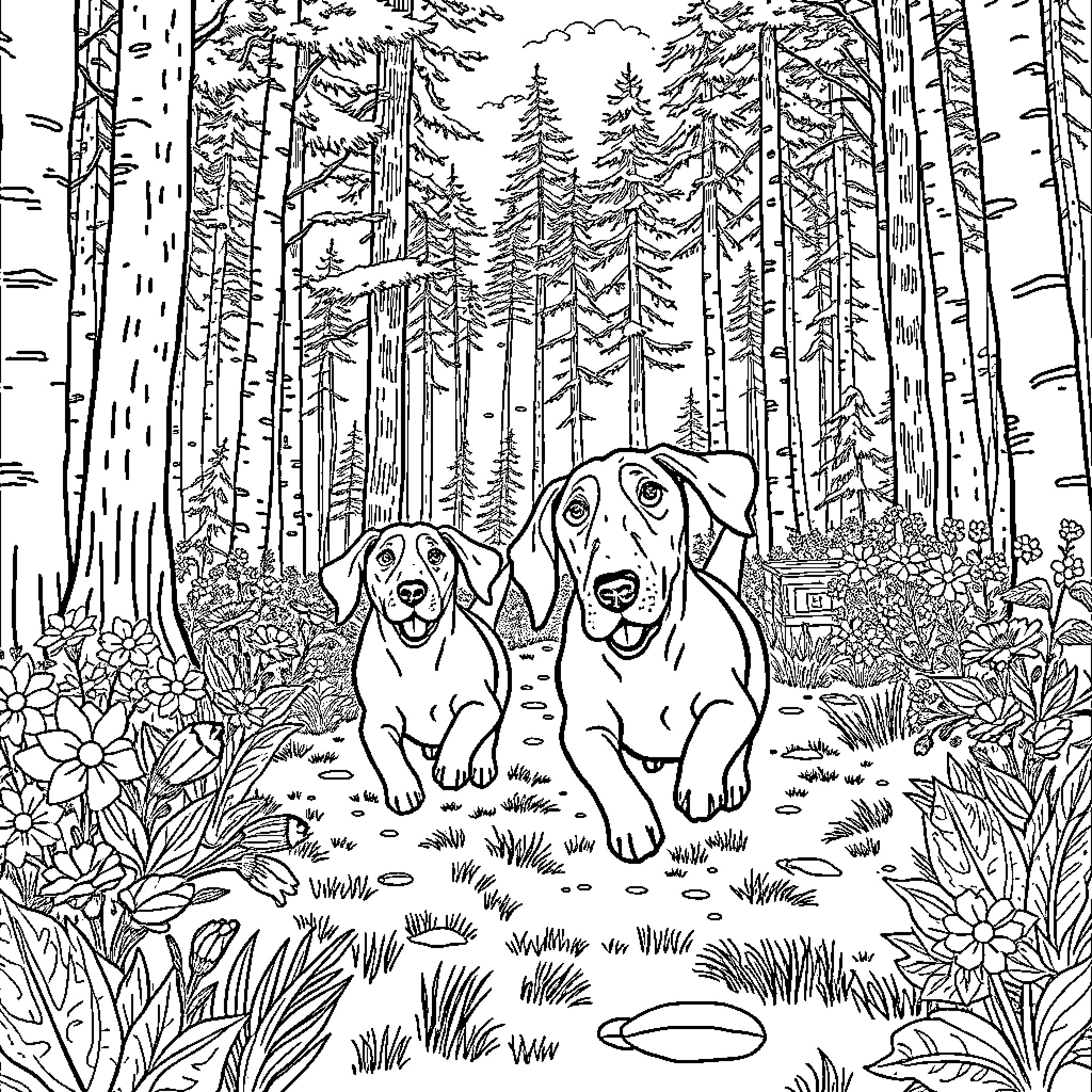 Beagle Pups Exploring the Enchanted Forest Coloring Page (free black-and-white line drawing printable PDF for all, from beginners to advanced learners, including children, teens, adults, and seniors)