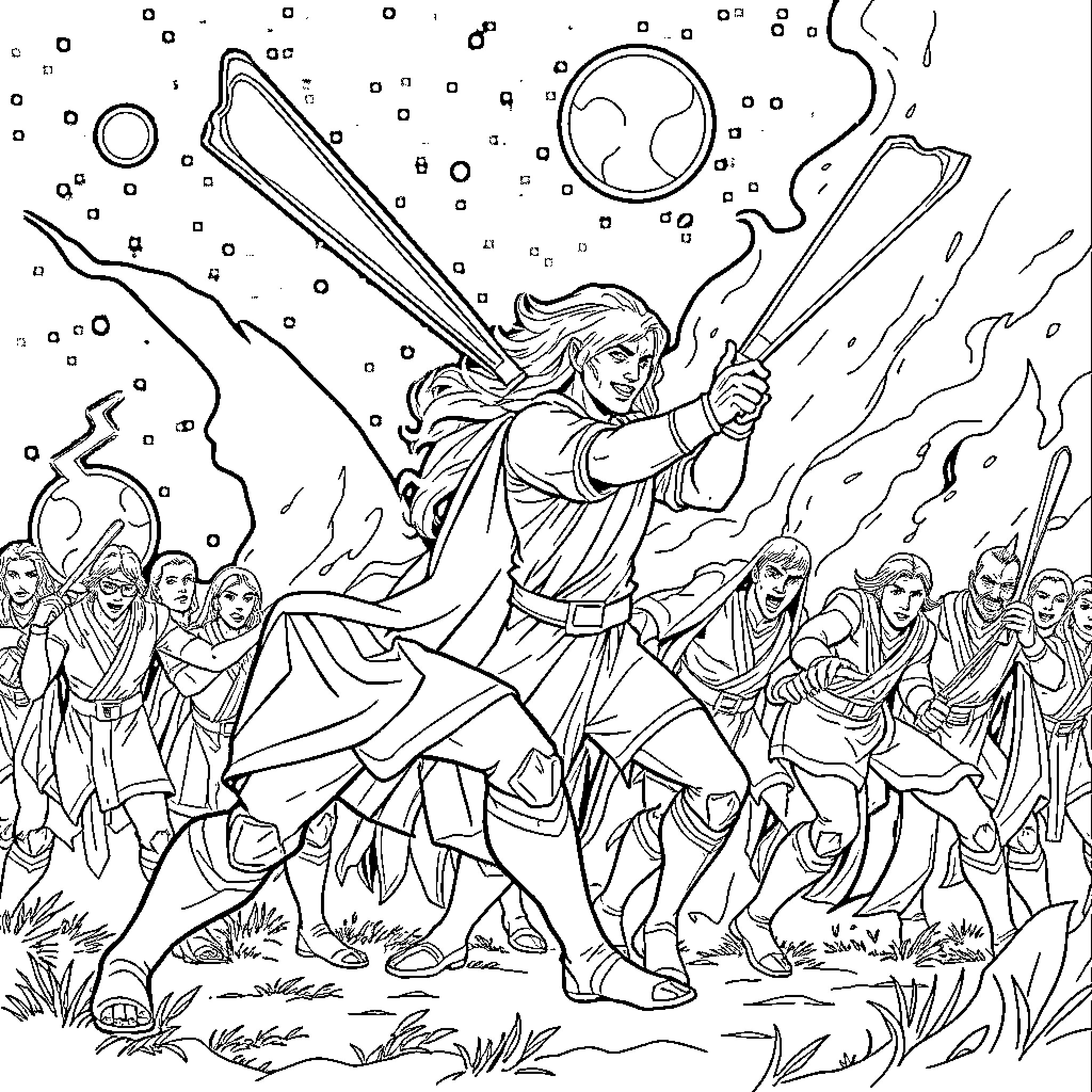 Eleven heroic figures in epic battle scene Coloring Page (free black-and-white line drawing printable PDF for all, from beginners to advanced learners, including children, teens, adults, and seniors)