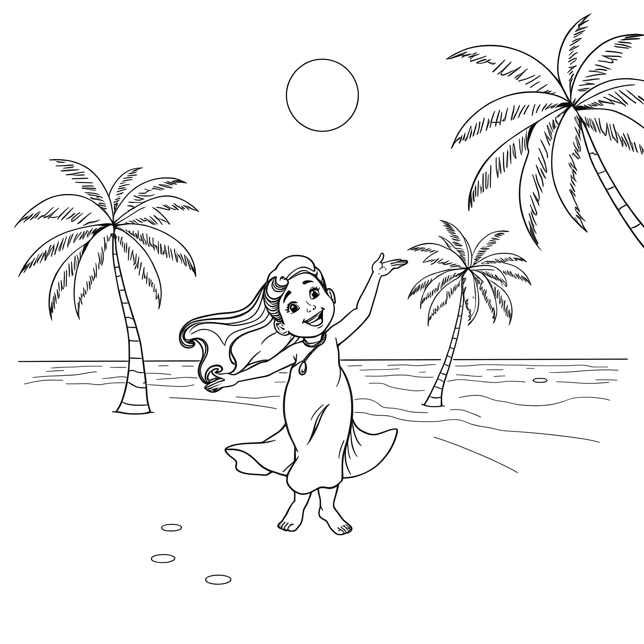 Lilo enjoying the tropical beach with palm trees Coloring Page (free black-and-white line drawing printable PDF for all, from beginners to advanced learners, including children, teens, adults, and seniors)