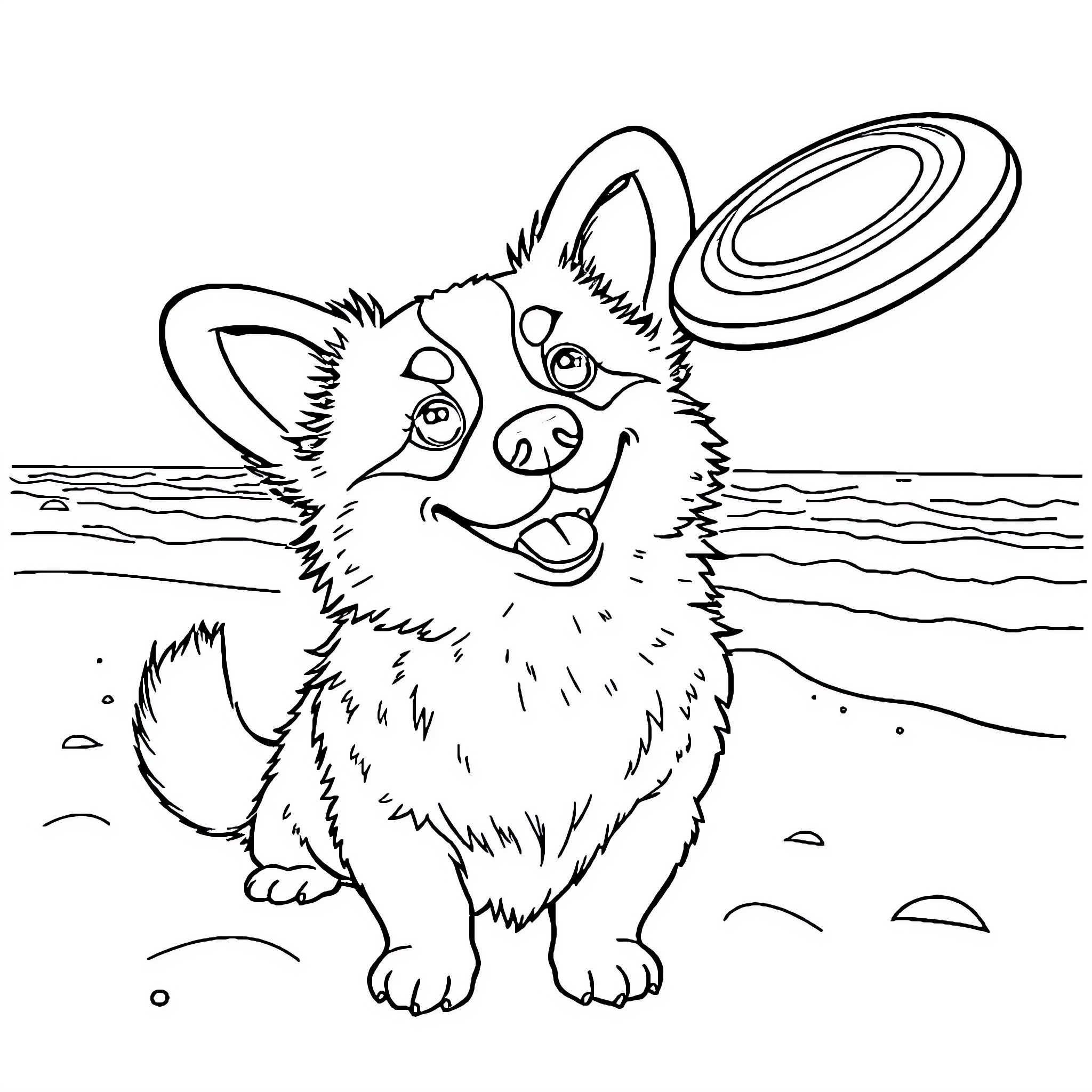 Corgi playing with a frisbee on the beach Coloring Page (free black-and-white line drawing printable PDF for all, from beginners to advanced learners, including children, teens, adults, and seniors)