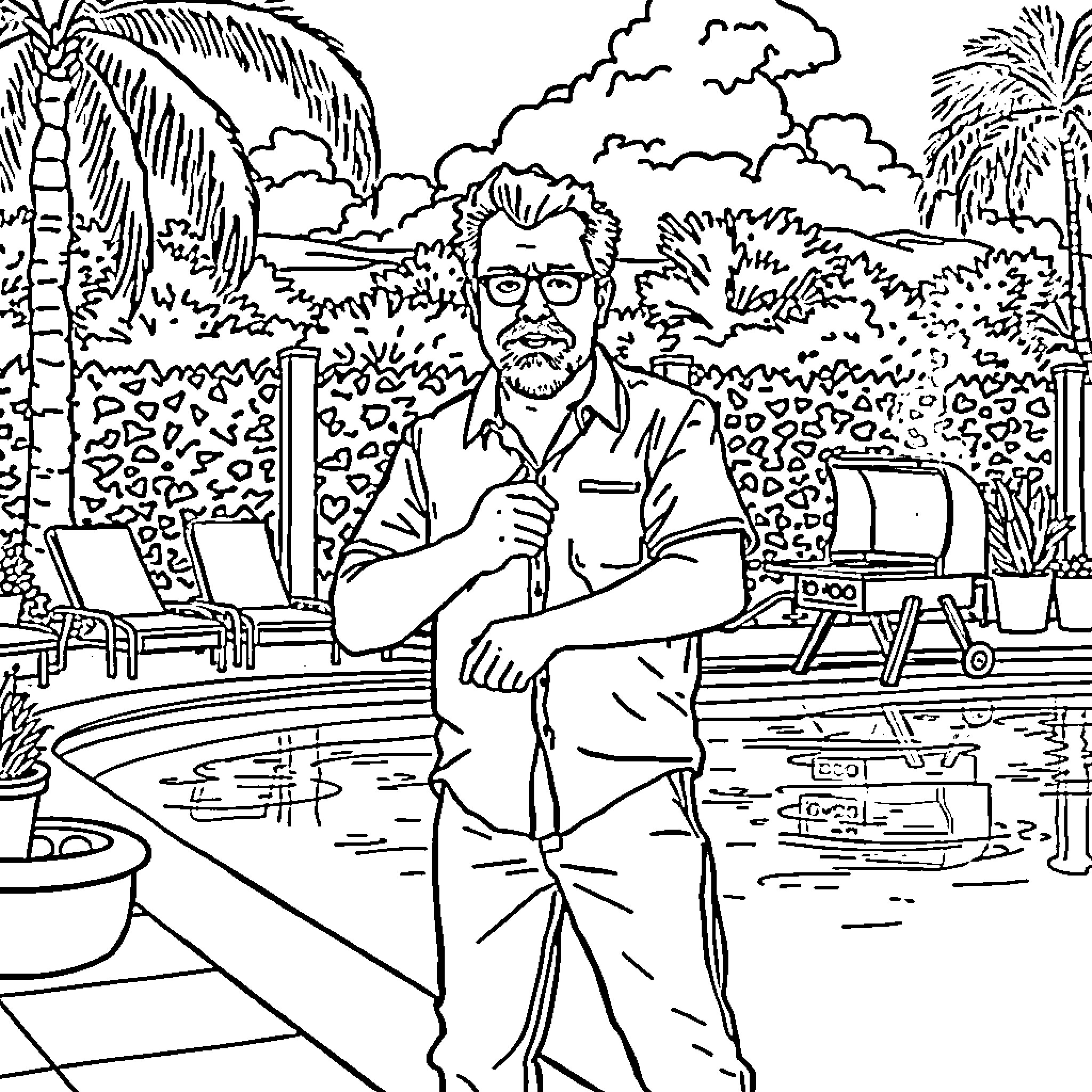 Will Ferrell enjoying a relaxing day by the pool Coloring Page (free black-and-white line drawing printable PDF for all, from beginners to advanced learners, including children, teens, adults, and seniors)