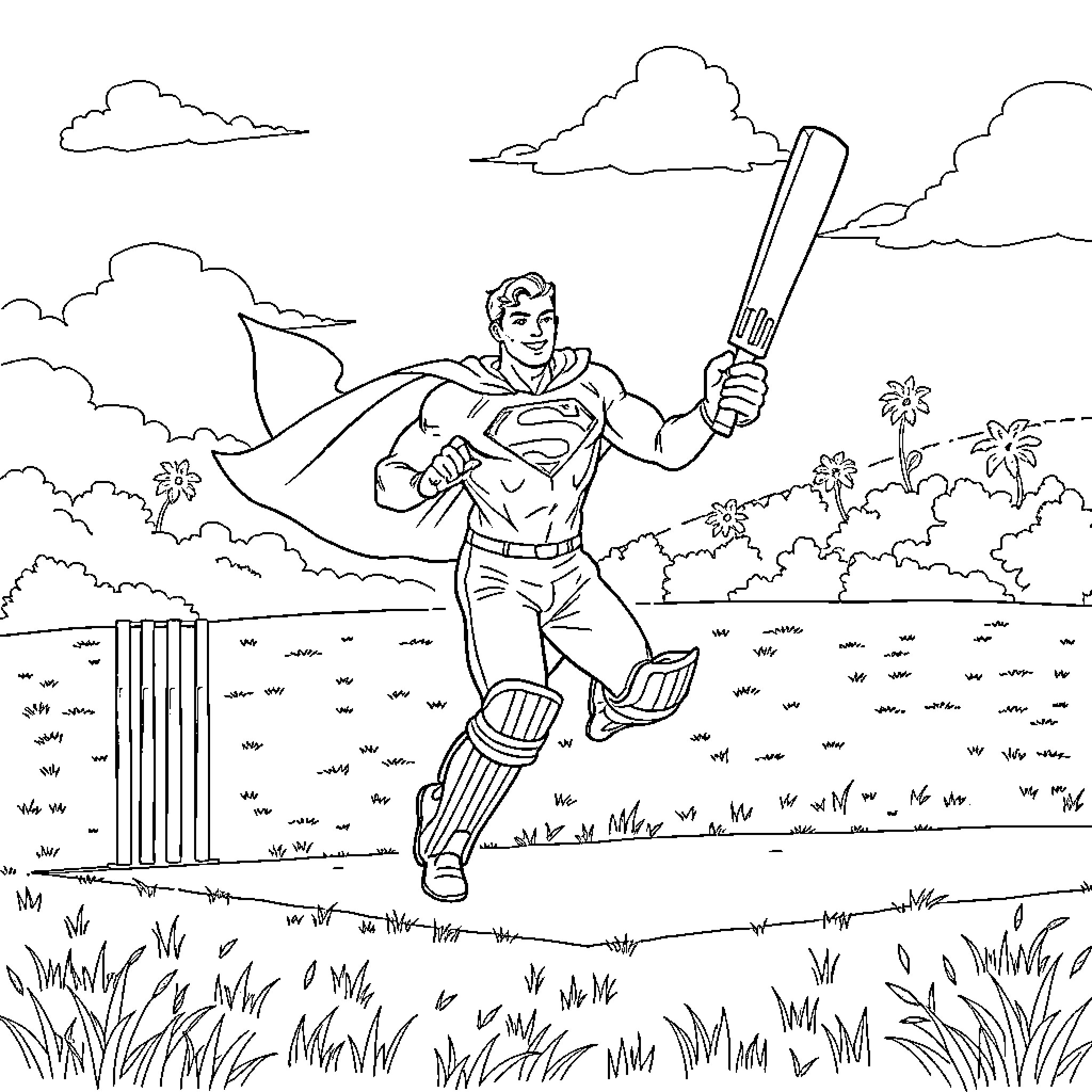Superman playing cricket on a grassy field Coloring Page (free black-and-white line drawing printable PDF for all, from beginners to advanced learners, including children, teens, adults, and seniors)