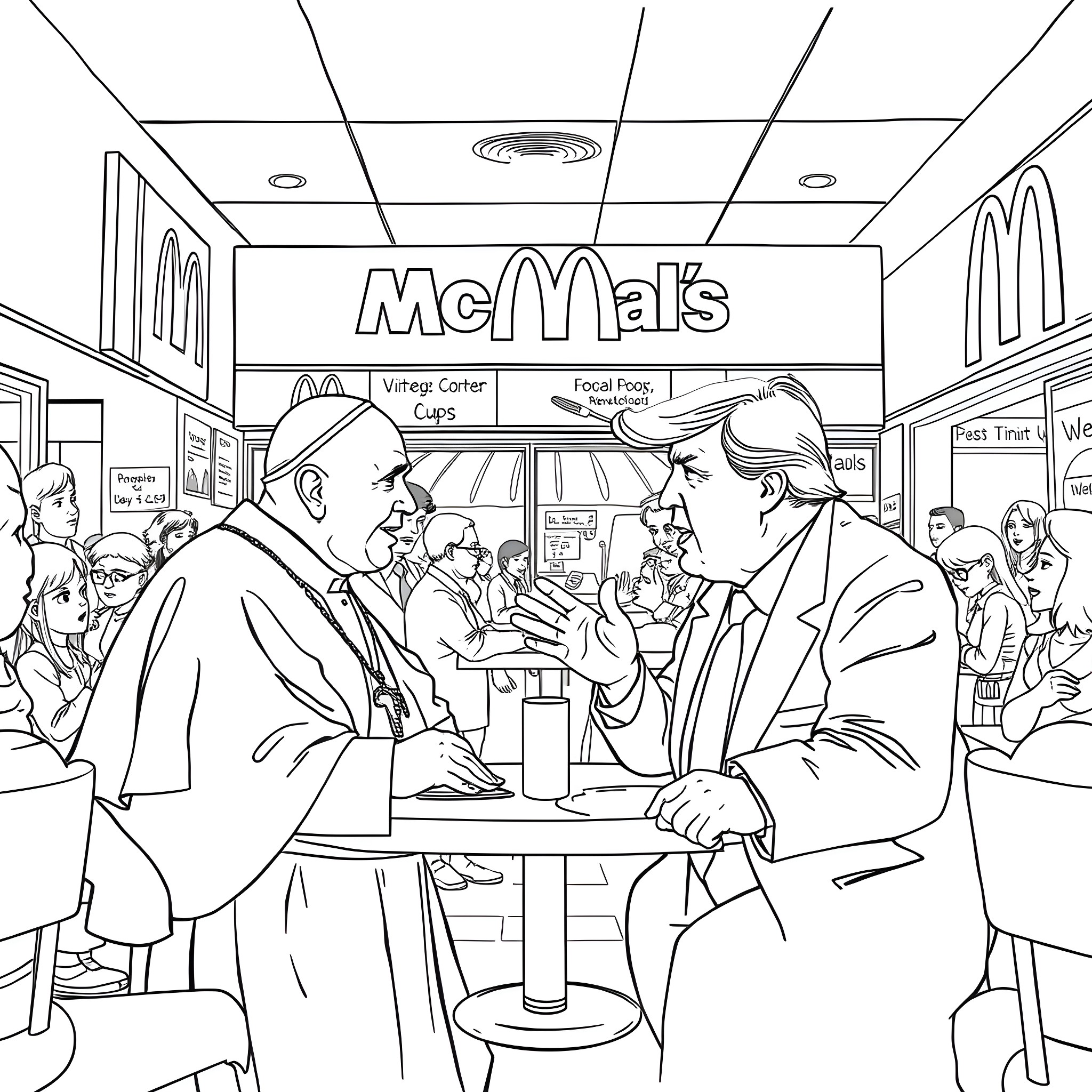 Pope overseeing a fast food restaurant scene Coloring Page (free black-and-white line drawing printable PDF for all, from beginners to advanced learners, including children, teens, adults, and seniors)
