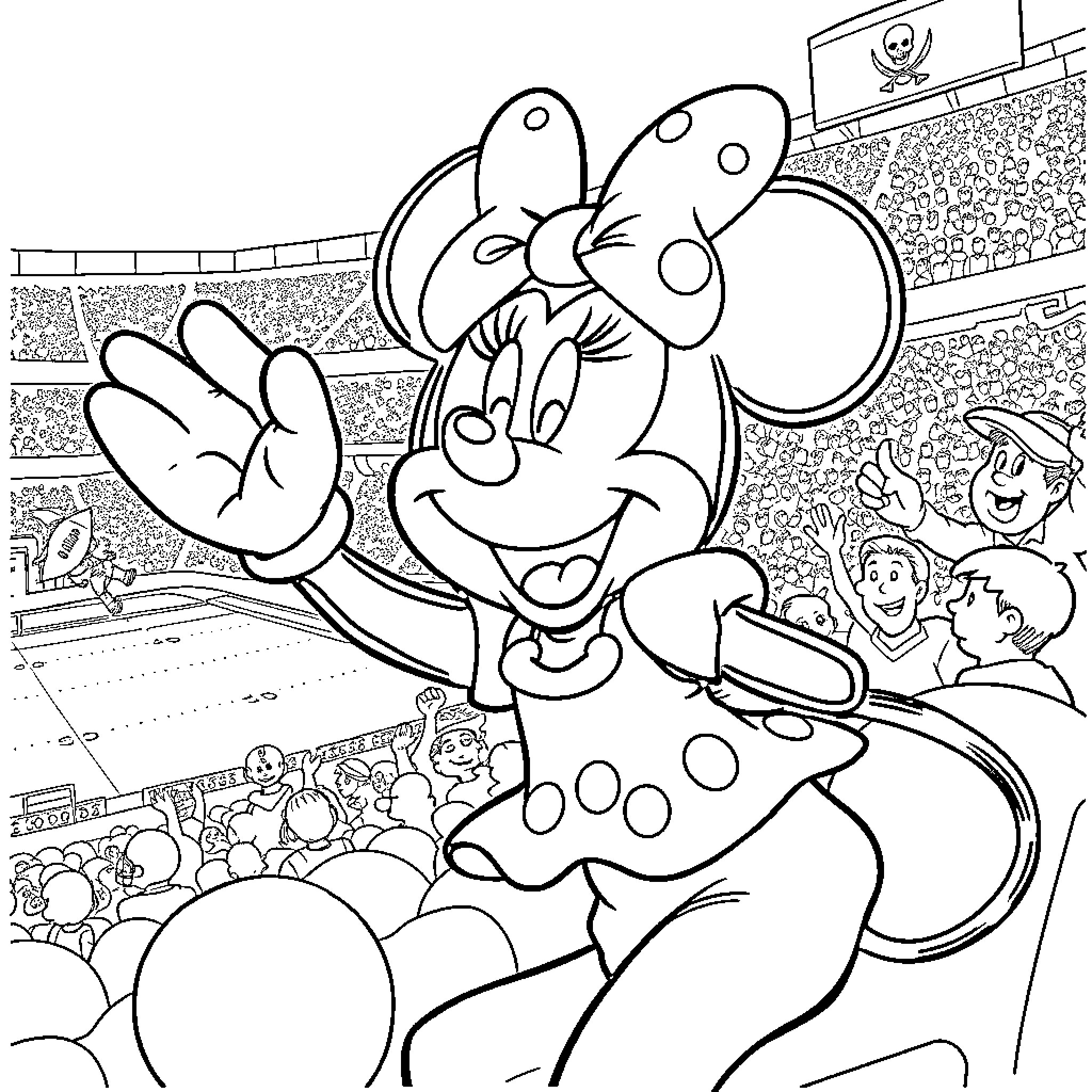 Minnie Mouse Waving to Her Audience at the Stadium Coloring Page (free black-and-white line drawing printable PDF for all, from beginners to advanced learners, including children, teens, adults, and seniors)