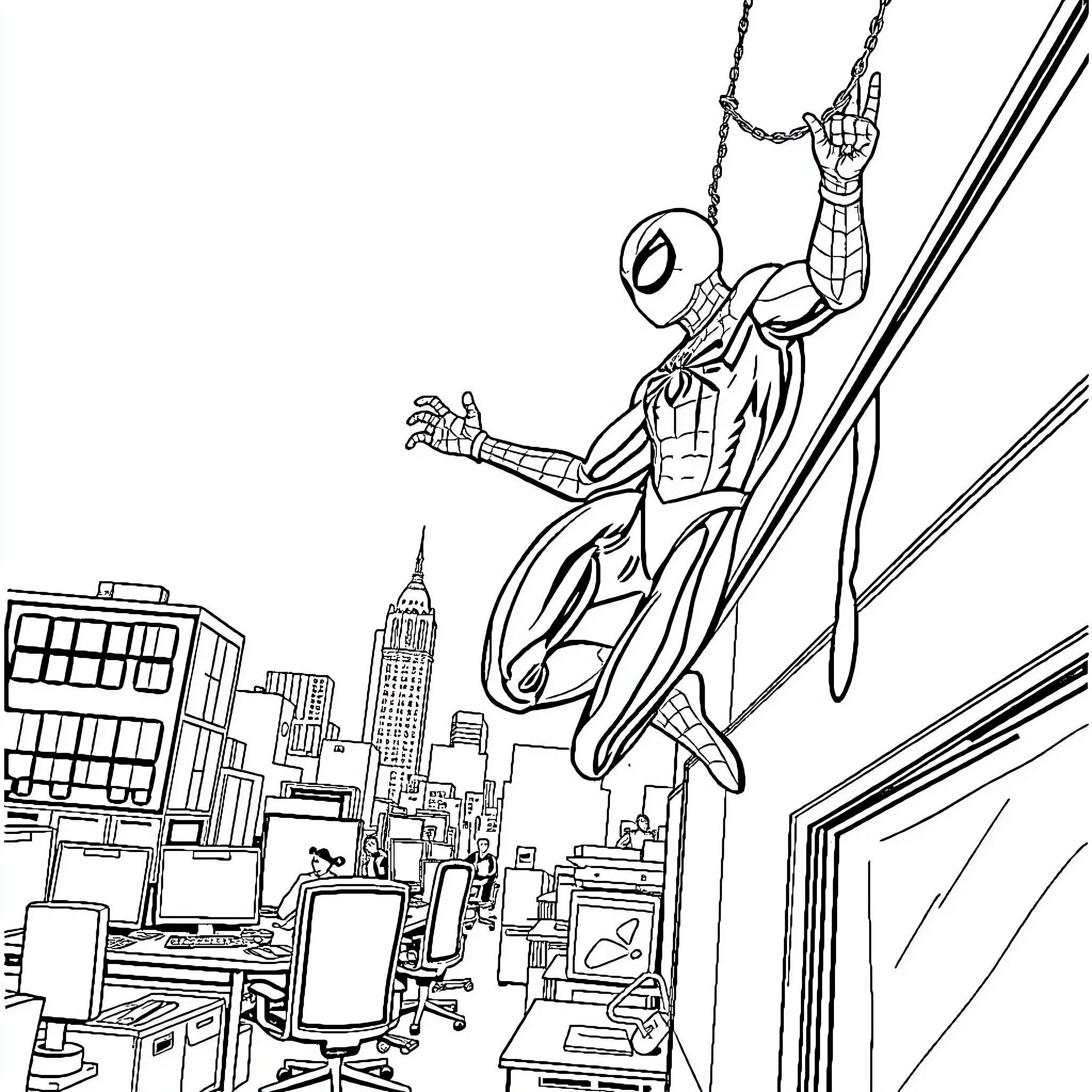 Spider-Man swinging through the city skyline Coloring Page (free black-and-white line drawing printable PDF for all, from beginners to advanced learners, including children, teens, adults, and seniors)