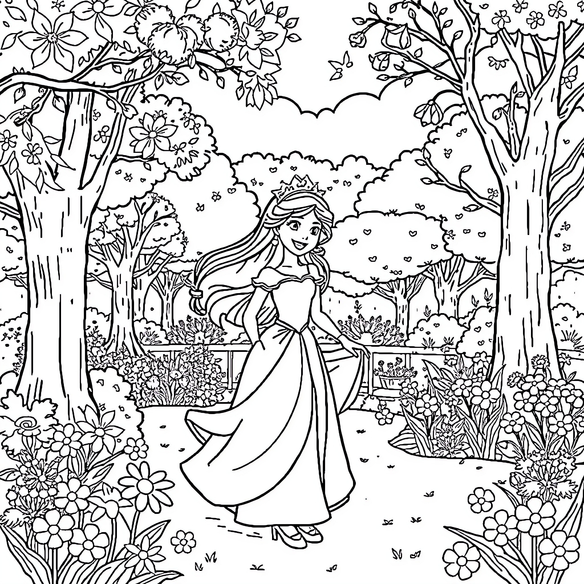 Princess Exploring the Enchanted Garden Coloring Page (free black-and-white line drawing printable PDF for all, from beginners to advanced learners, including children, teens, adults, and seniors)