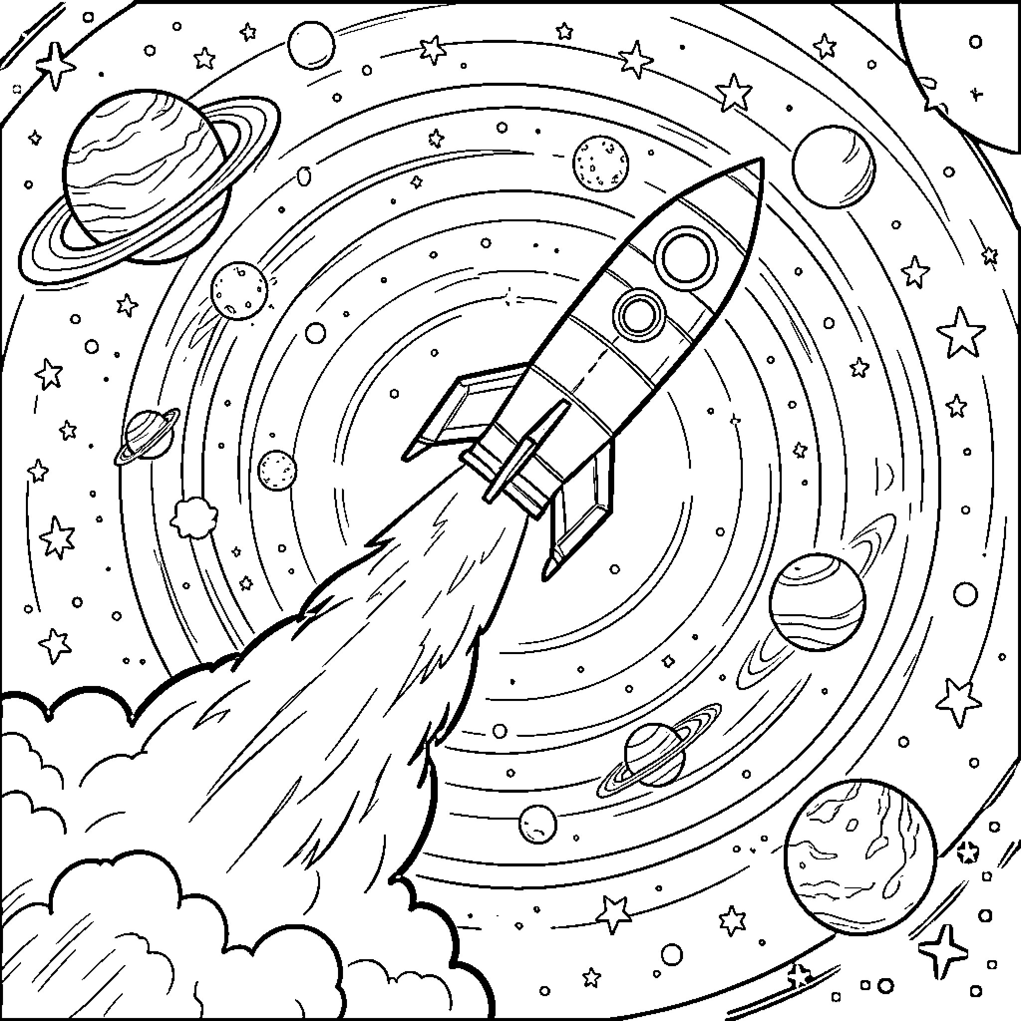 Solar System Rocket Launch to the Stars Coloring Page (free black-and-white line drawing printable PDF for all, from beginners to advanced learners, including children, teens, adults, and seniors)