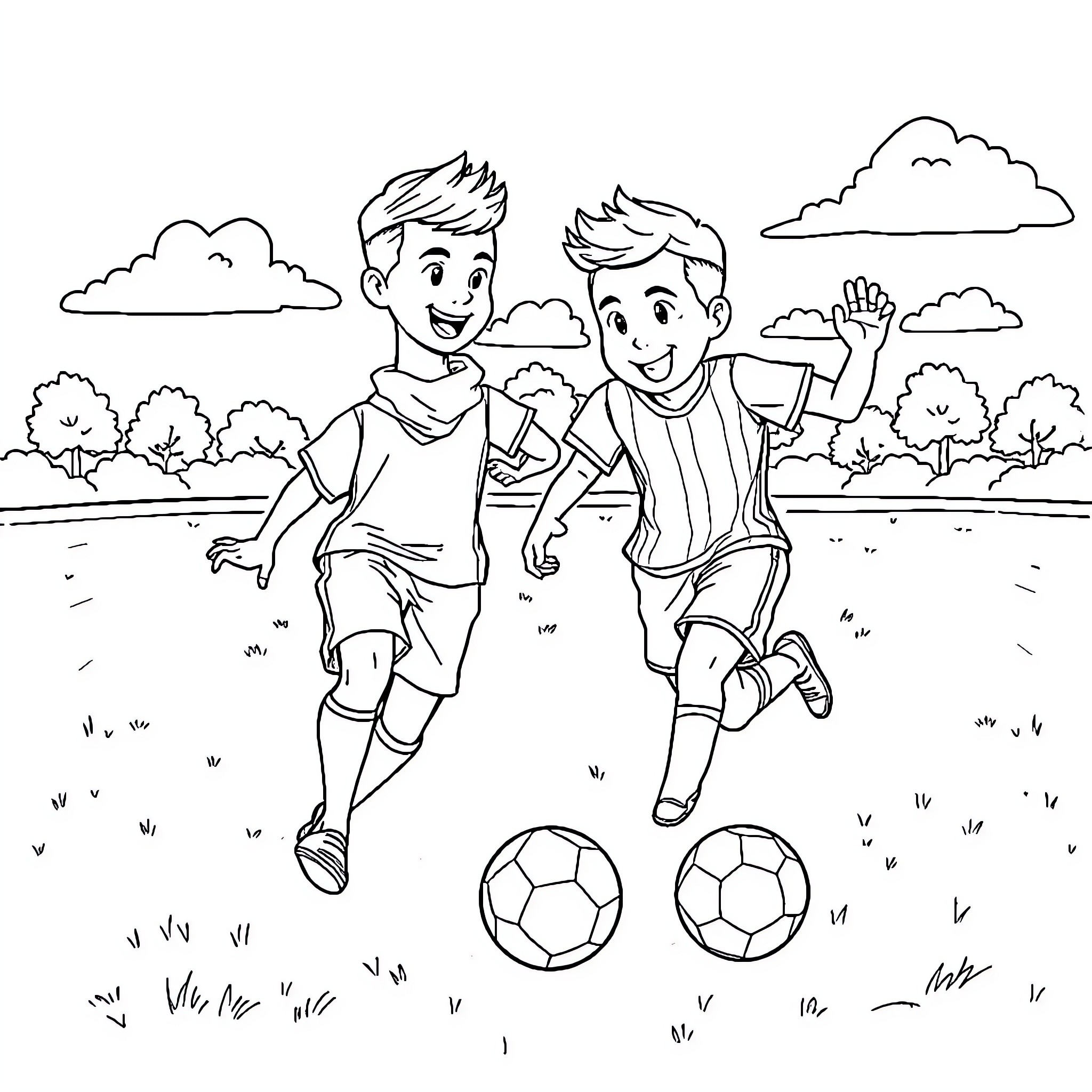Futbol: Two boys playing soccer joyfully on the field Coloring Page (free black-and-white line drawing printable PDF for all, from beginners to advanced learners, including children, teens, adults, and seniors)