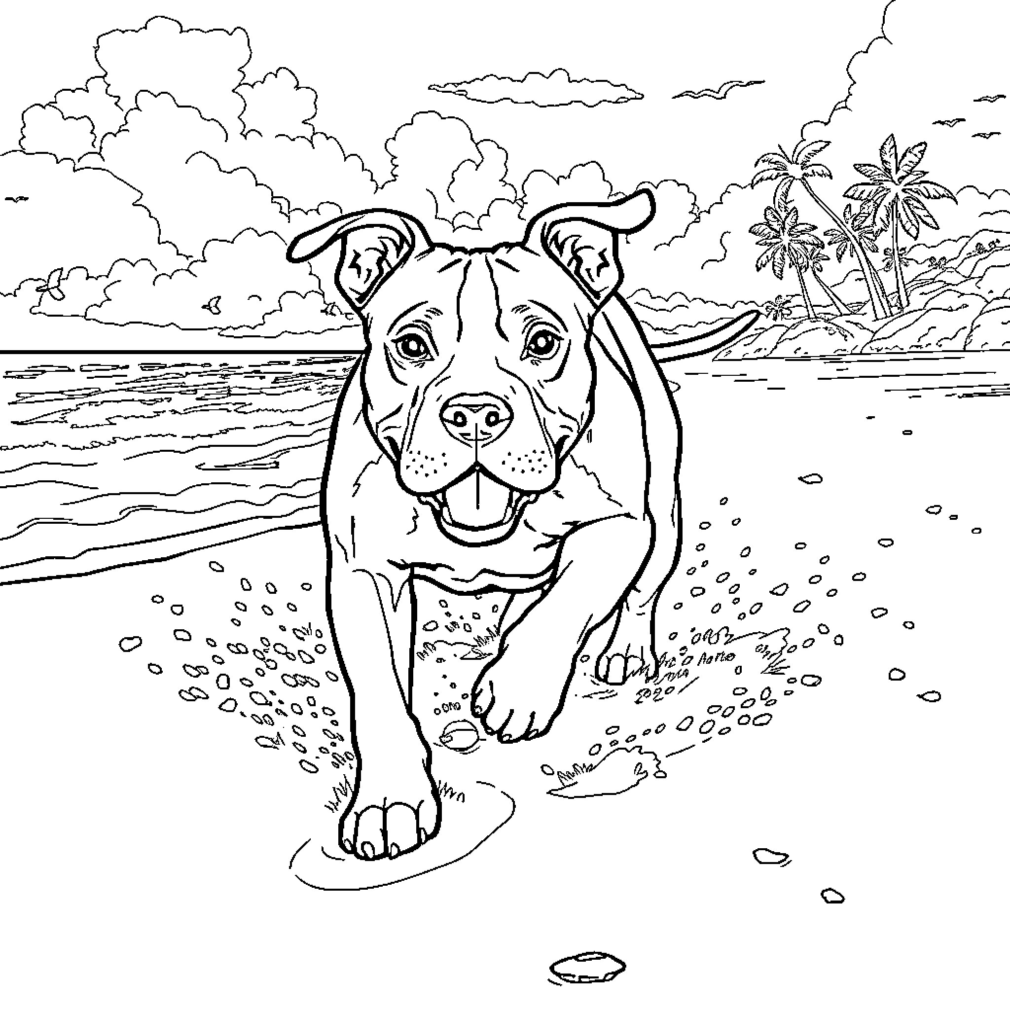 Pitbull enjoying a day at the beach Coloring Page (free black-and-white line drawing printable PDF for all, from beginners to advanced learners, including children, teens, adults, and seniors)