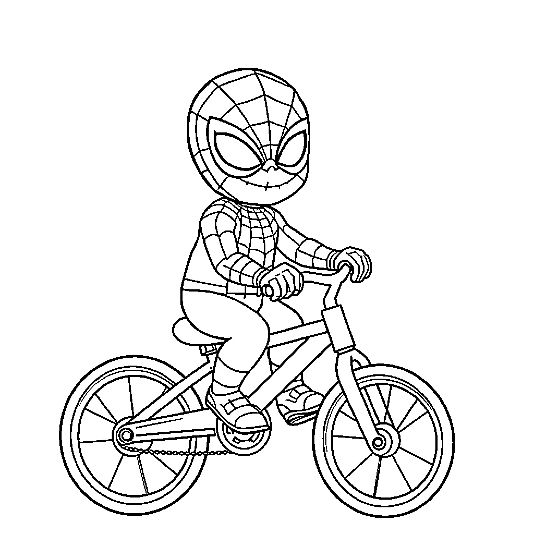 Baby Spiderman riding a bicycle Coloring Page (free black-and-white line drawing printable PDF for all, from beginners to advanced learners, including children, teens, adults, and seniors)