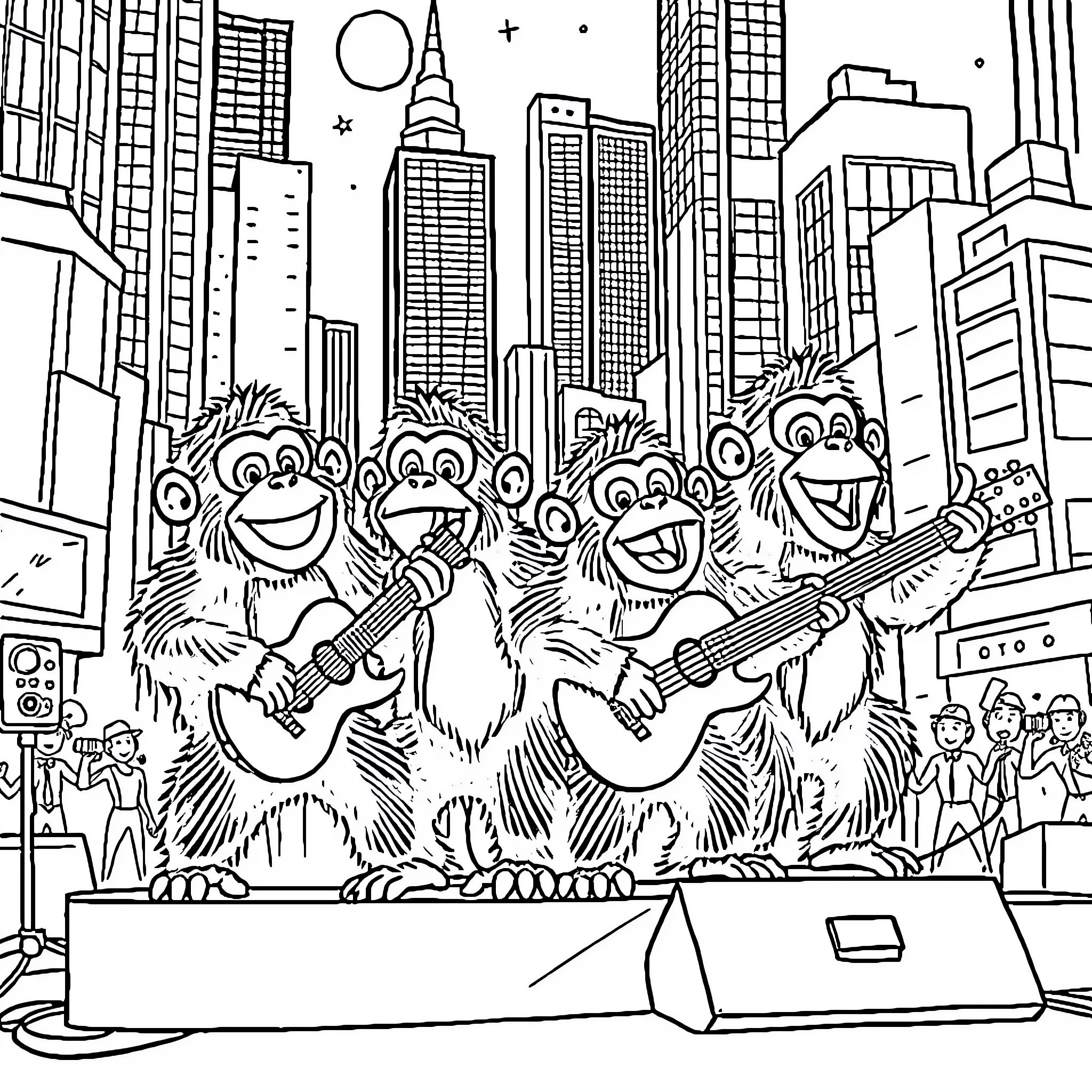 Orangutan Band Performing in the City Coloring Page (free black-and-white line drawing printable PDF for all, from beginners to advanced learners, including children, teens, adults, and seniors)