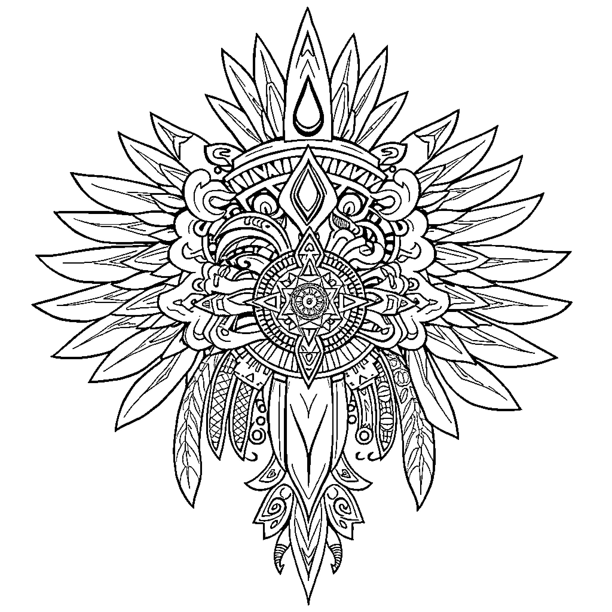 Aztec Tattoo Design with Intricate Patterns Coloring Page (free black-and-white line drawing printable PDF for all, from beginners to advanced learners, including children, teens, adults, and seniors)