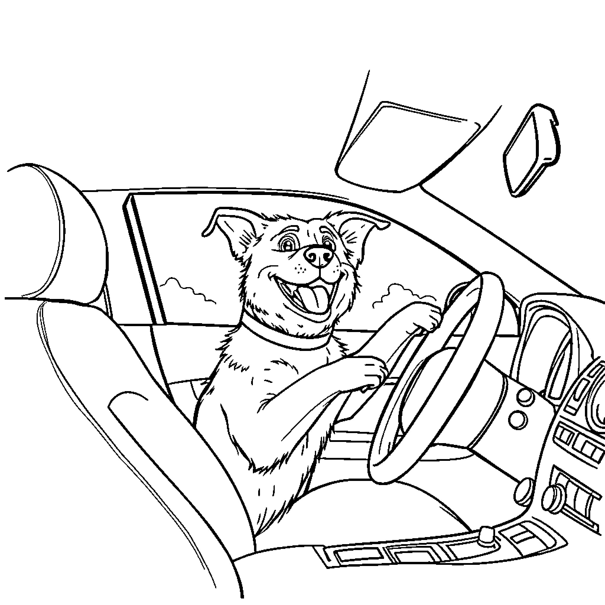 Dog Happily Driving Car Coloring Page (free black-and-white line drawing printable PDF for all, from beginners to advanced learners, including children, teens, adults, and seniors)