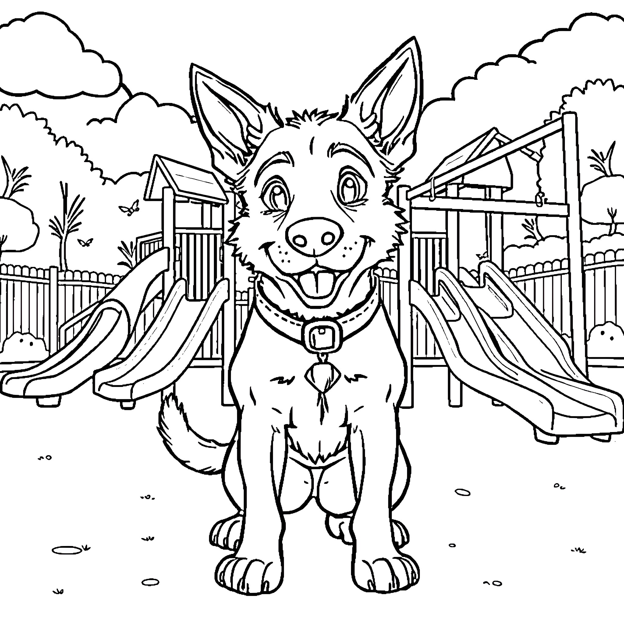 Dogman playing on a playground Coloring Page (free black-and-white line drawing printable PDF for all, from beginners to advanced learners, including children, teens, adults, and seniors)