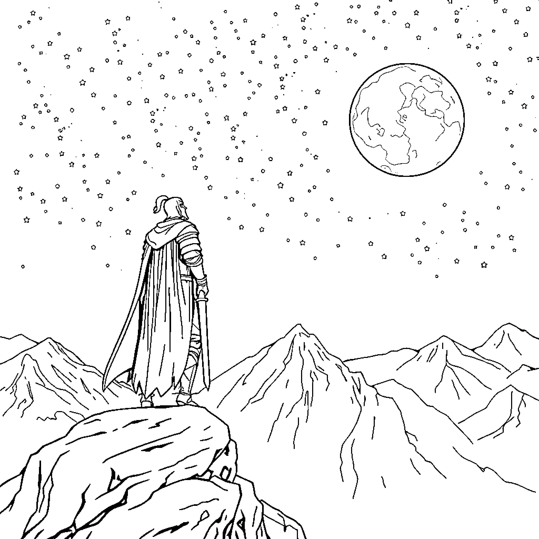 Knight Gazing at the Starry Night Sky Coloring Page (free black-and-white line drawing printable PDF for all, from beginners to advanced learners, including children, teens, adults, and seniors)