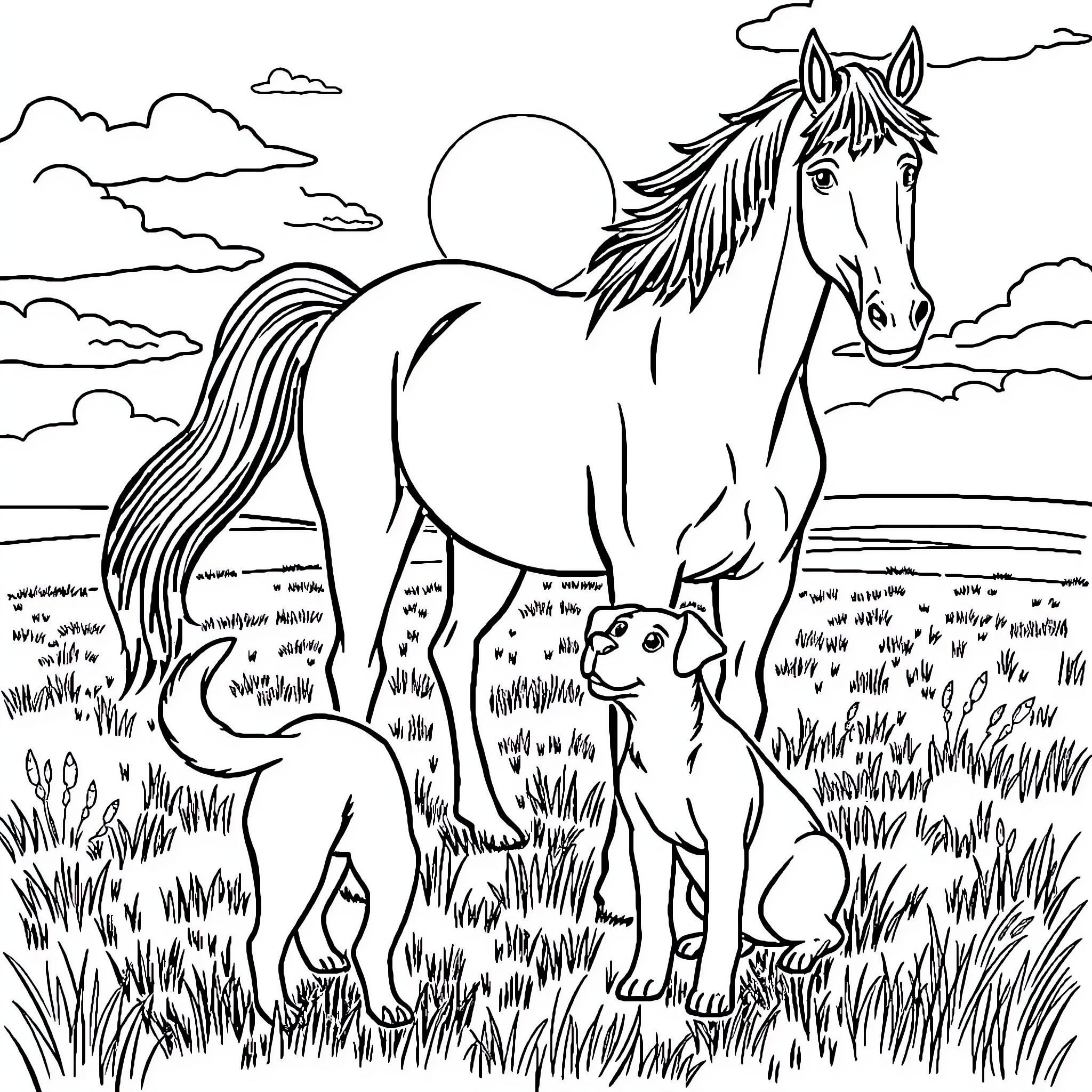 Dog and Horse Enjoying Sunset in the Meadow Coloring Page (free black-and-white line drawing printable PDF for all, from beginners to advanced learners, including children, teens, adults, and seniors)