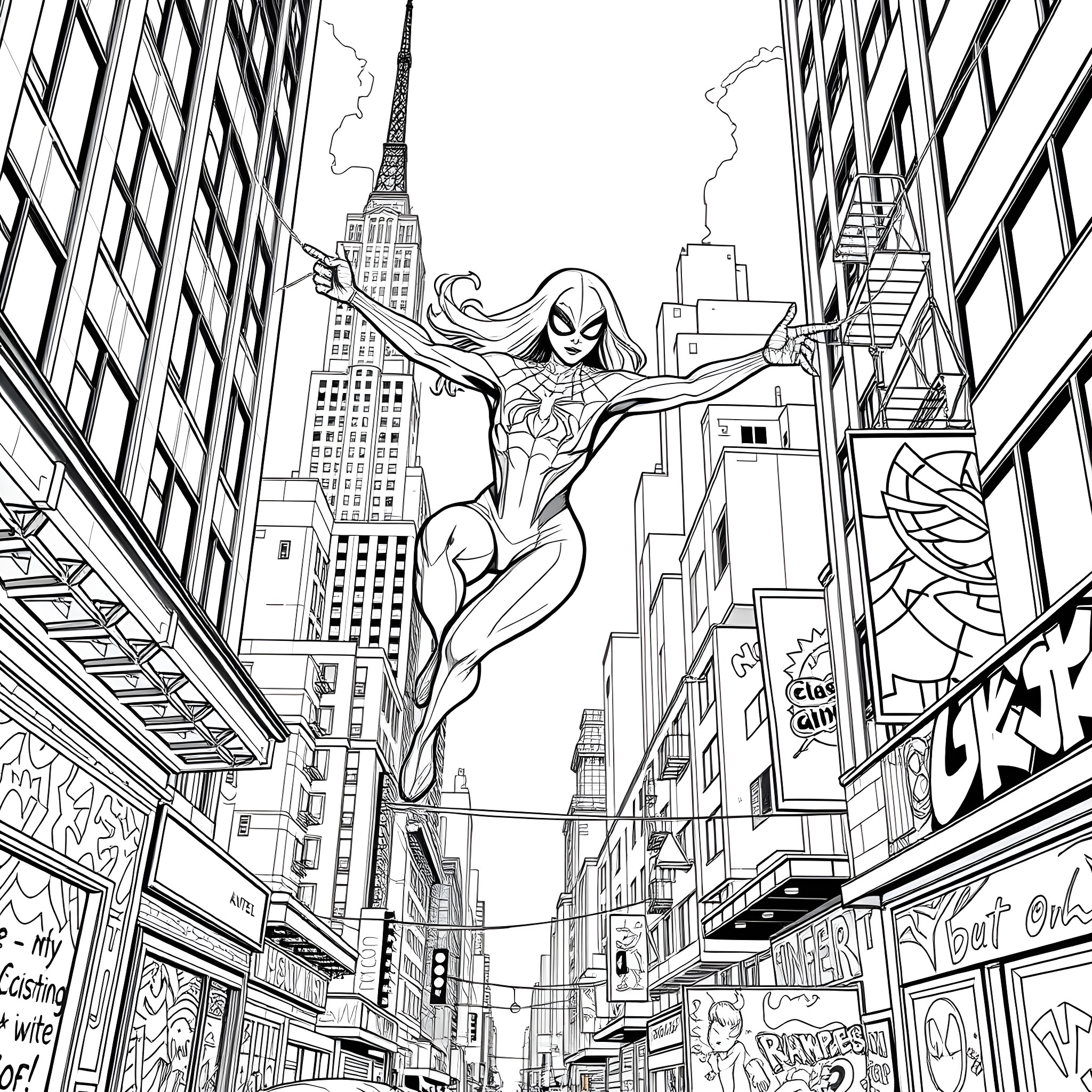 Spider Gwen leaps through the city skyline Coloring Page (free black-and-white line drawing printable PDF for all, from beginners to advanced learners, including children, teens, adults, and seniors)