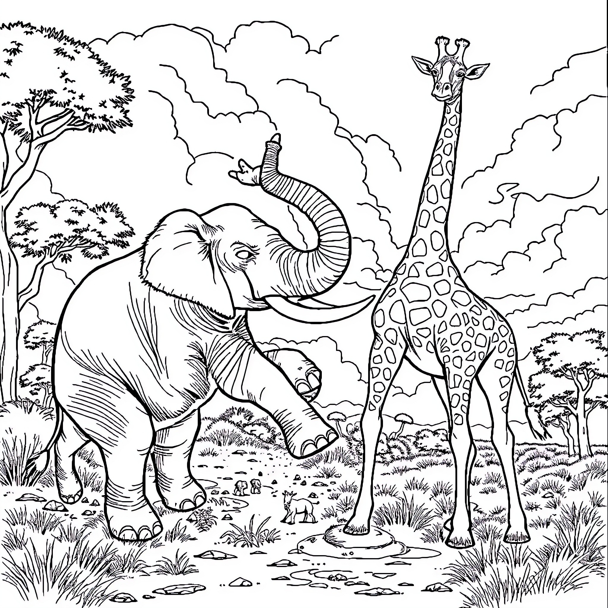 Elephant and Giraffe in the Serene Safari Coloring Page (free black-and-white line drawing printable PDF for all, from beginners to advanced learners, including children, teens, adults, and seniors)