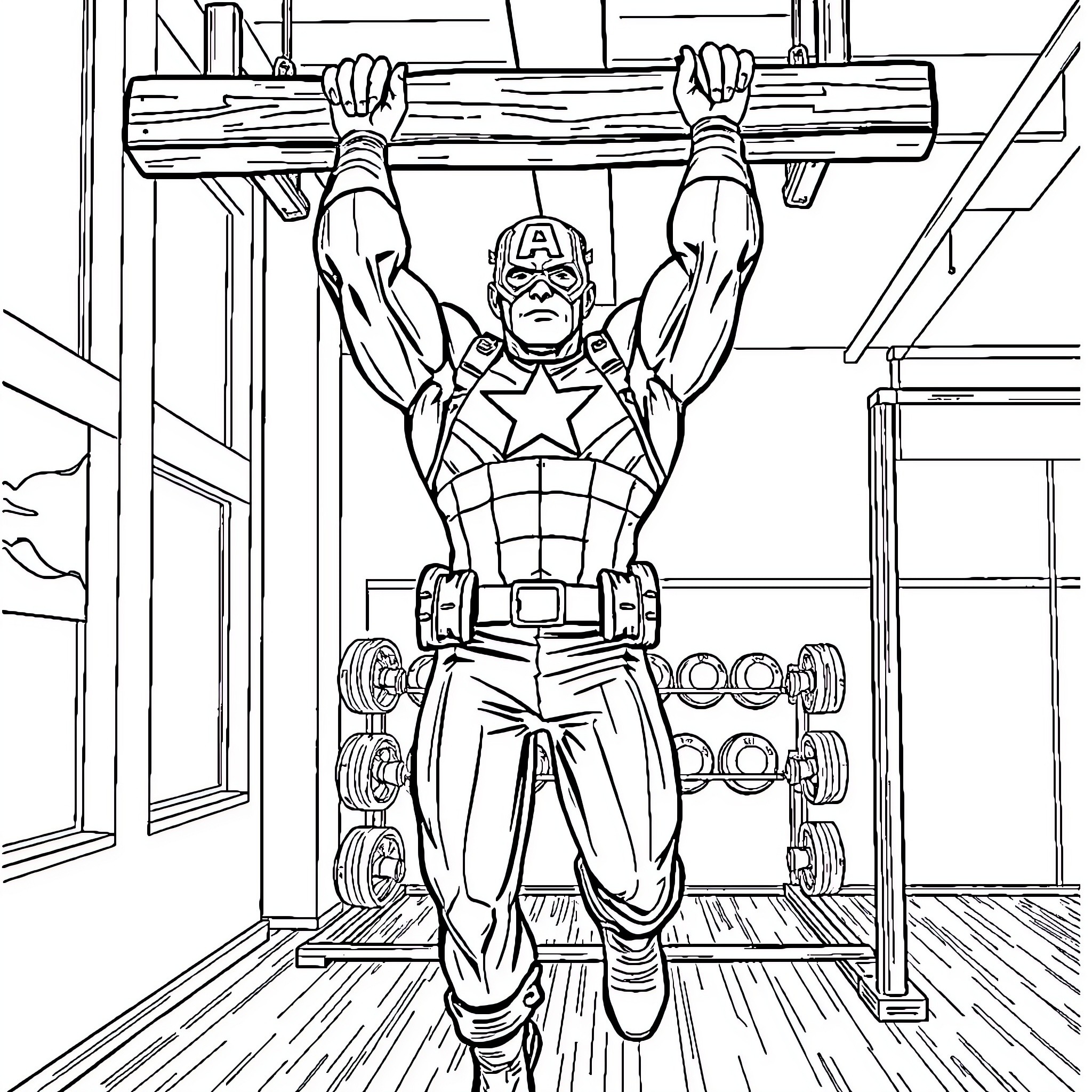 Captain America Lifting Weights in the Gym Coloring Page (free black-and-white line drawing printable PDF for all, from beginners to advanced learners, including children, teens, adults, and seniors)