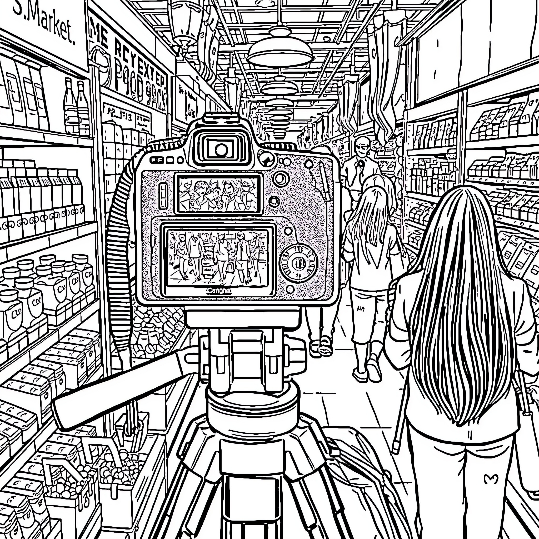 Camera capturing people in a bustling supermarket Coloring Page (free black-and-white line drawing printable PDF for all, from beginners to advanced learners, including children, teens, adults, and seniors)