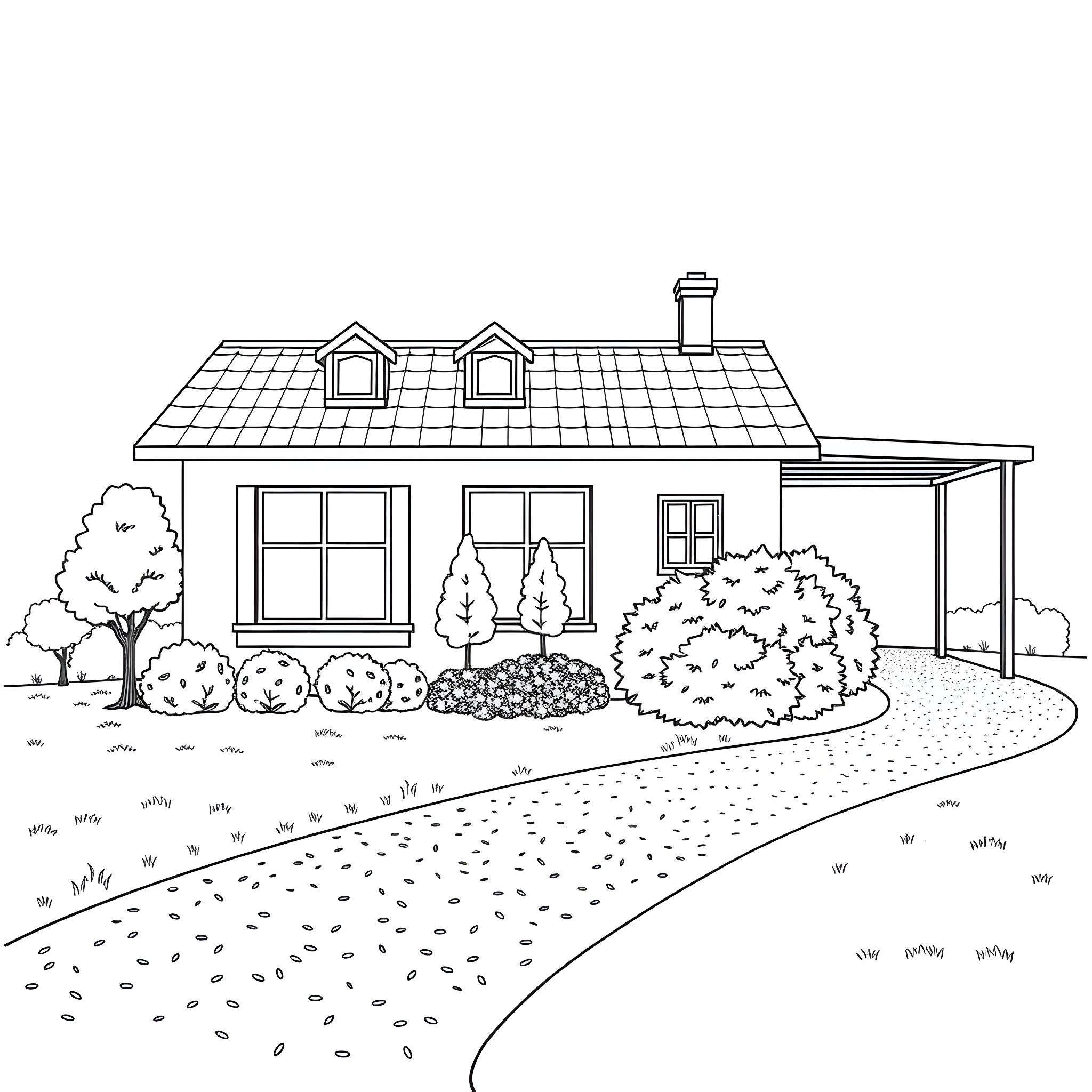 House with a path leading to the entrance Coloring Page (free black-and-white line drawing printable PDF for all, from beginners to advanced learners, including children, teens, adults, and seniors)
