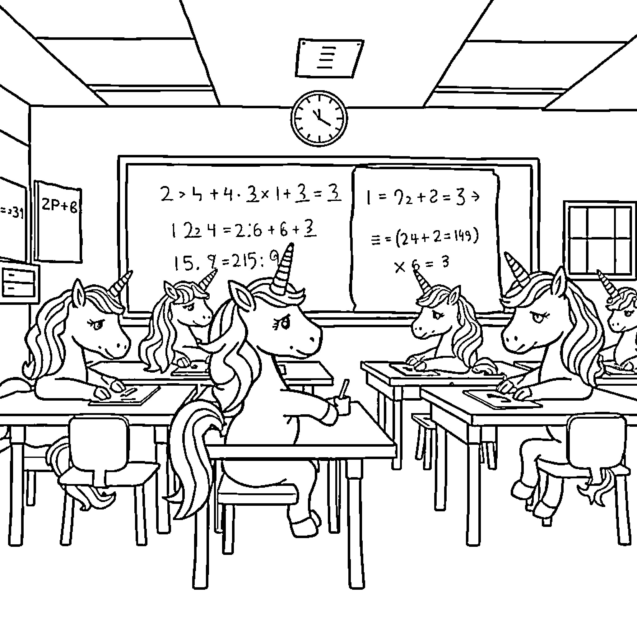 Unicorn students learning math in the classroom Coloring Page (free black-and-white line drawing printable PDF for all, from beginners to advanced learners, including children, teens, adults, and seniors)